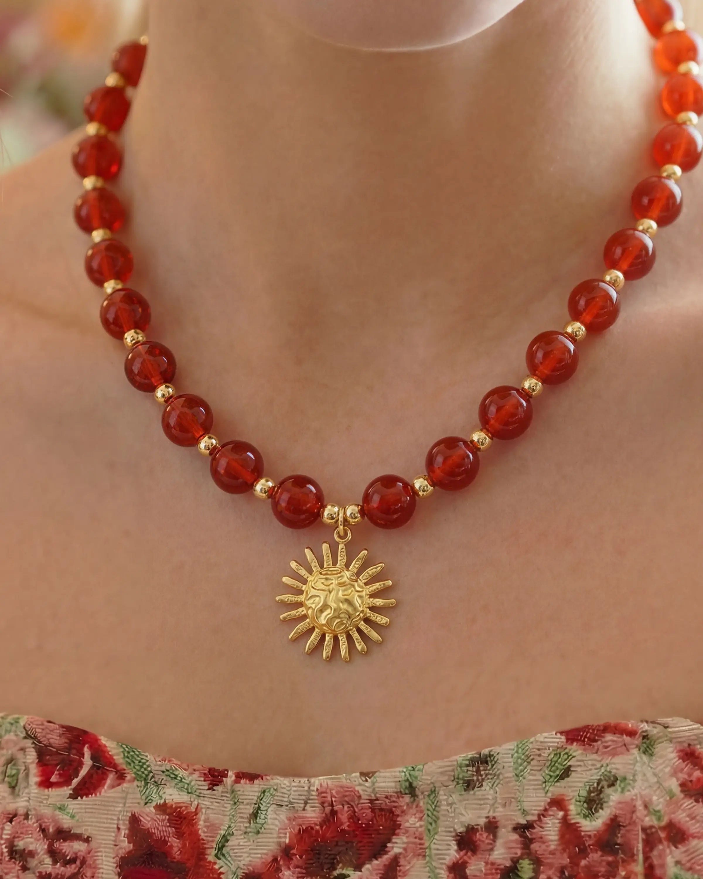 Red Agate Sun Gold Necklace & Bracelet Set – Passion & Courage