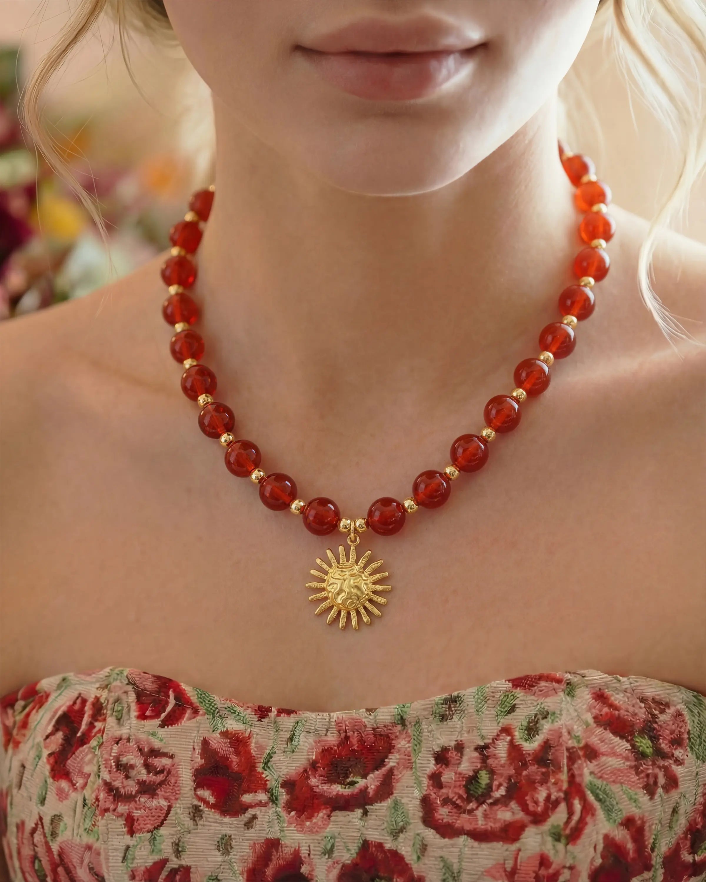 10mm Carnelian Beaded Necklace with Sun Pendant