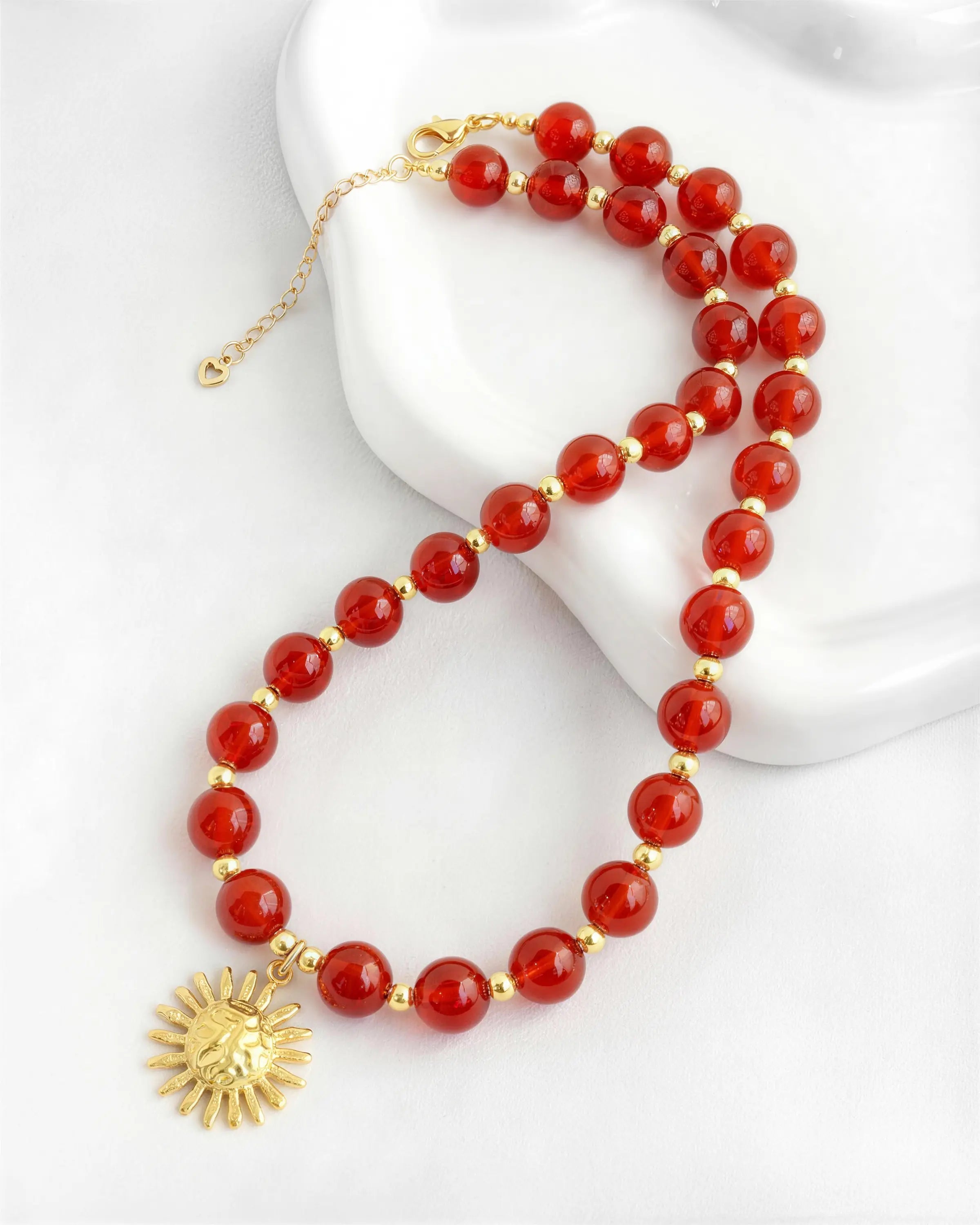 10mm Carnelian Beaded Necklace with Sun Pendant