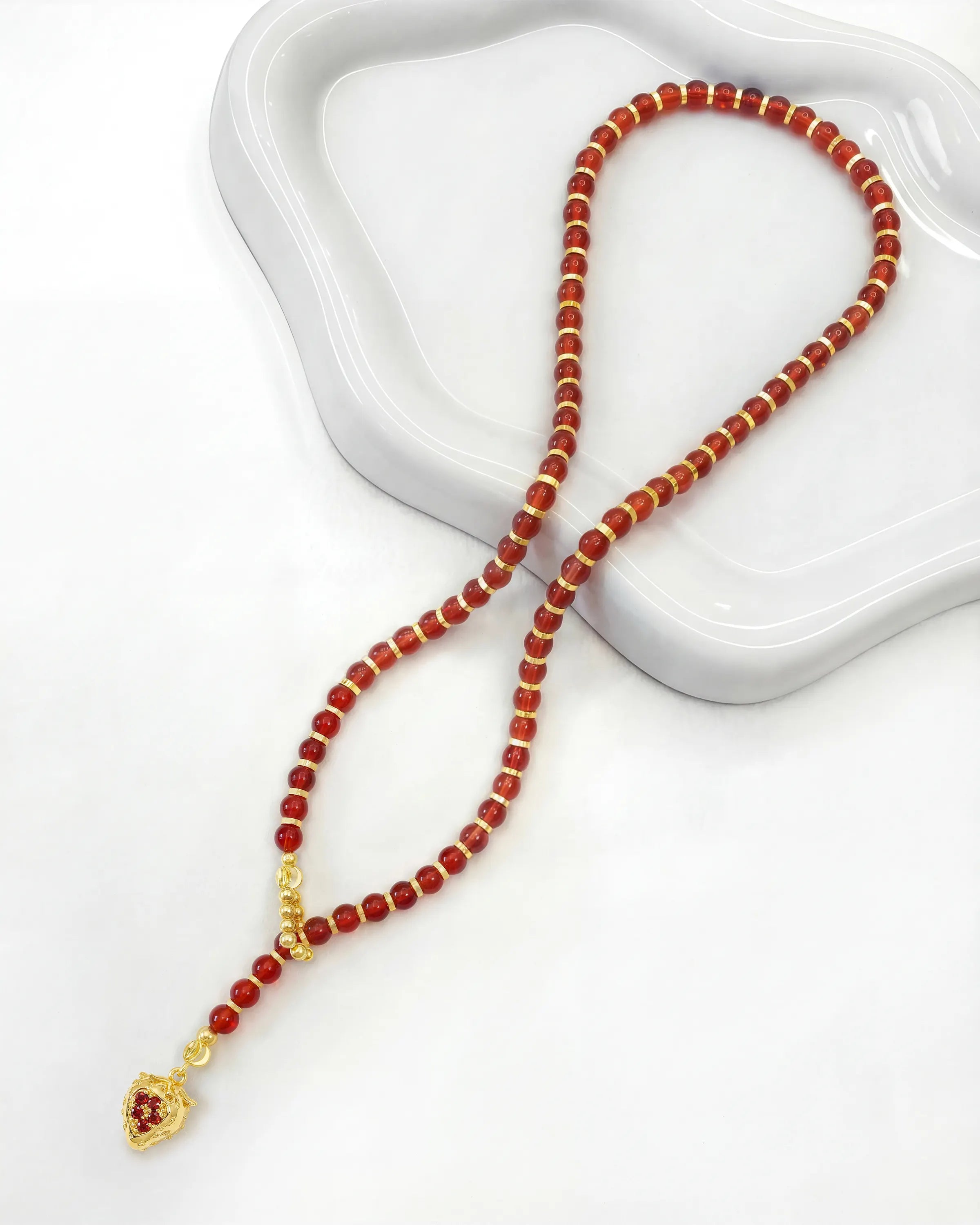4mm Carnelian Beaded Necklace with Strawberry Pendant
