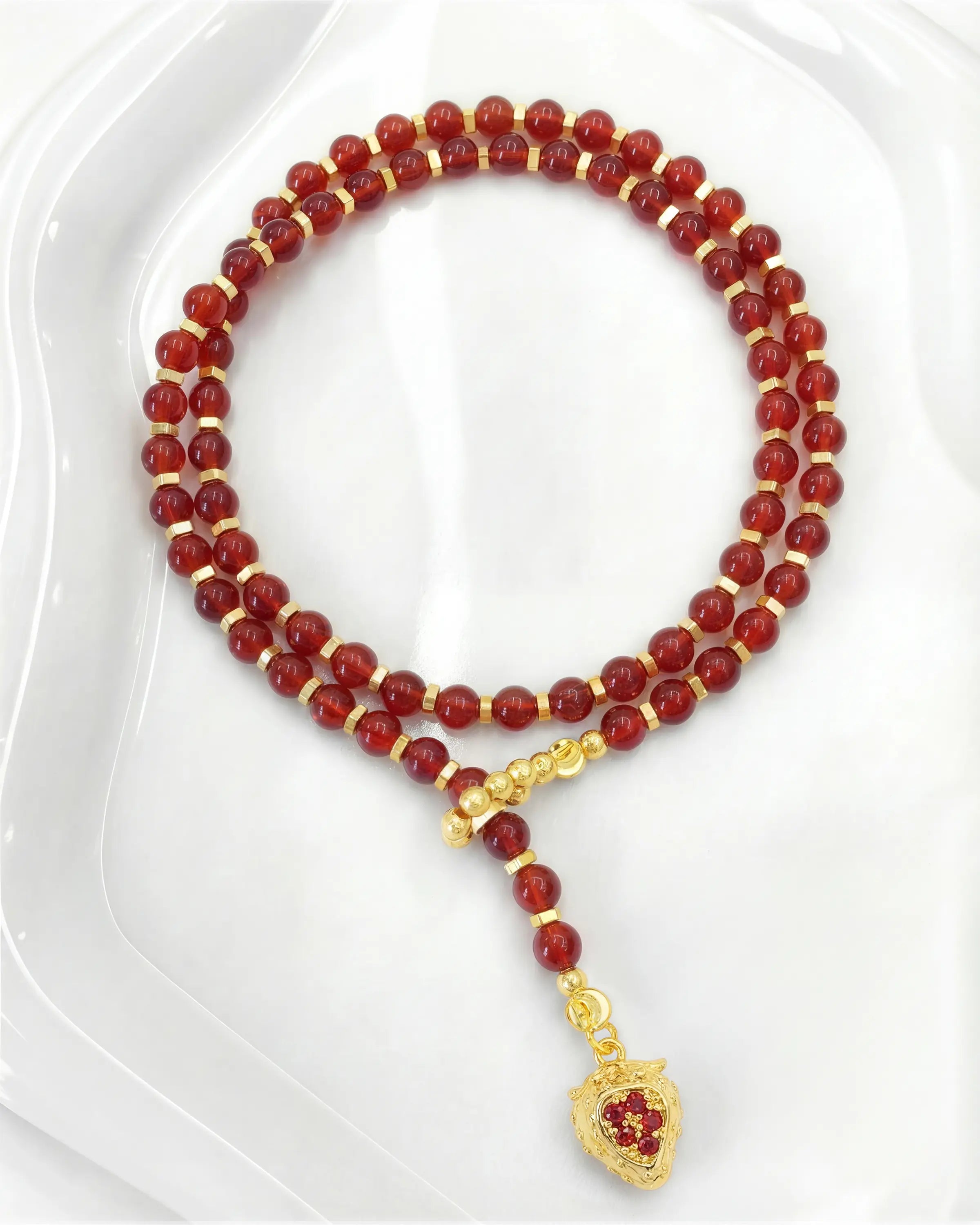 4mm Carnelian Beaded Necklace with Strawberry Pendant