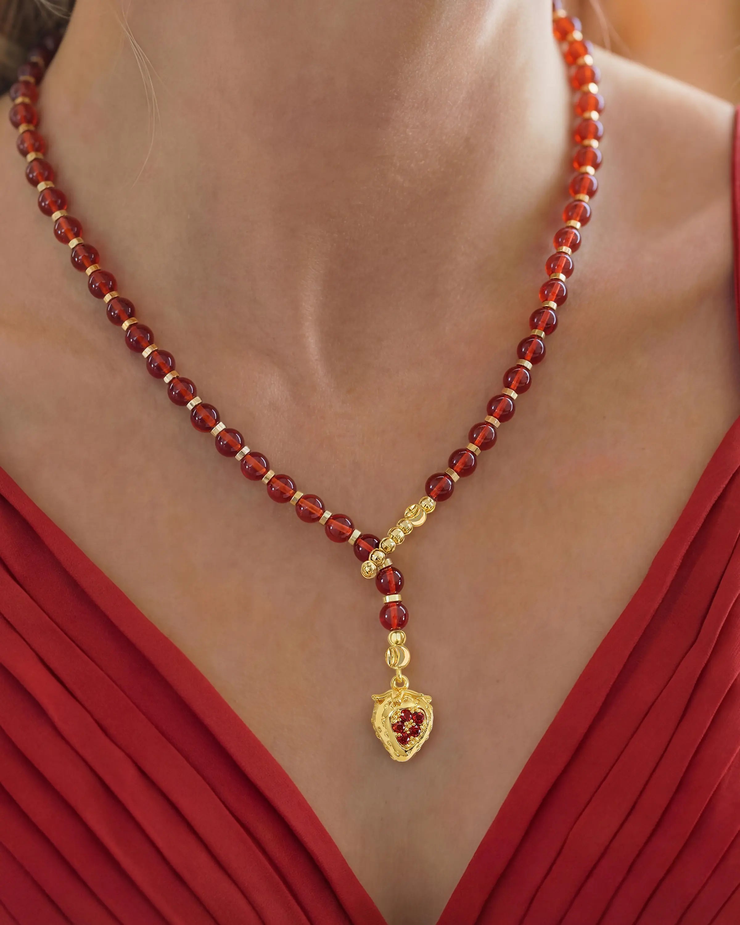 4mm Carnelian Beaded Necklace with Strawberry Pendant
