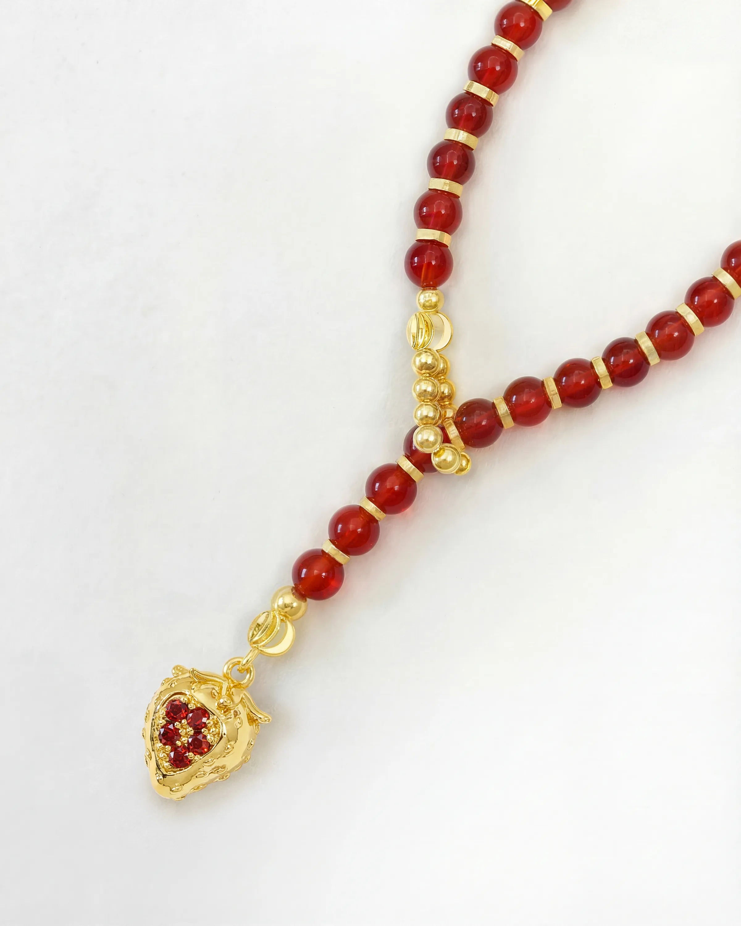 4mm Carnelian Beaded Necklace with Strawberry Pendant