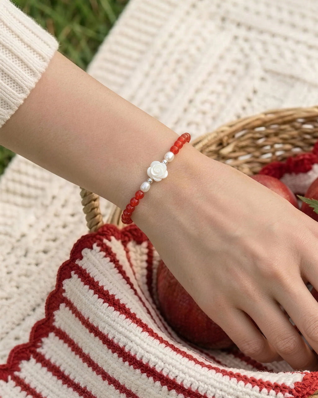 Red Agate Clear Quartz Silver Bracelet