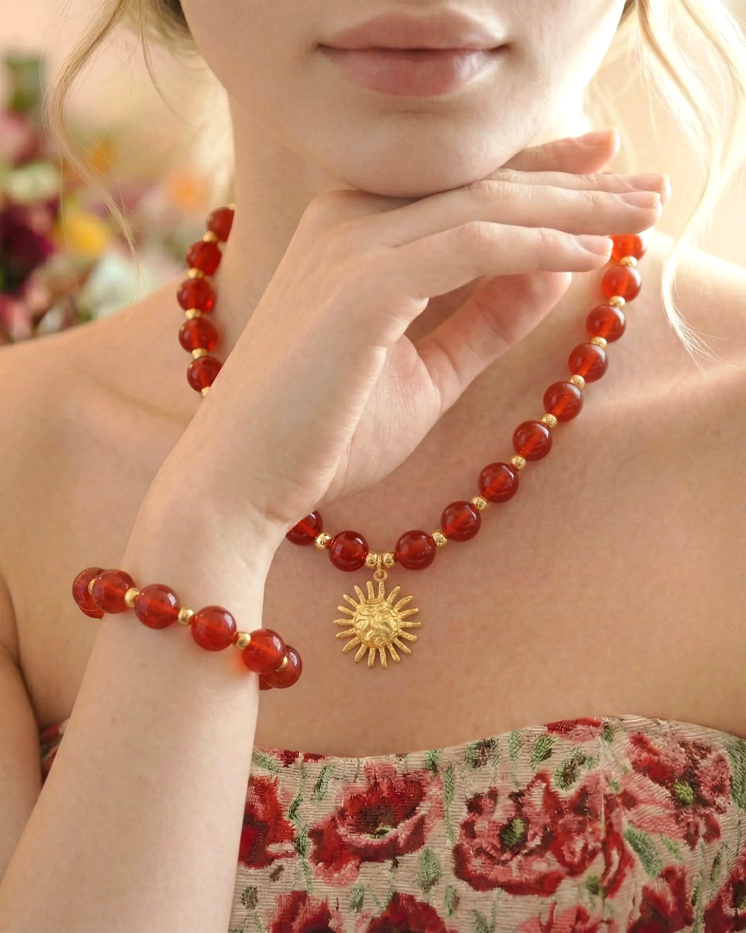 Red Agate Sun Gold Necklace Bracelet Set