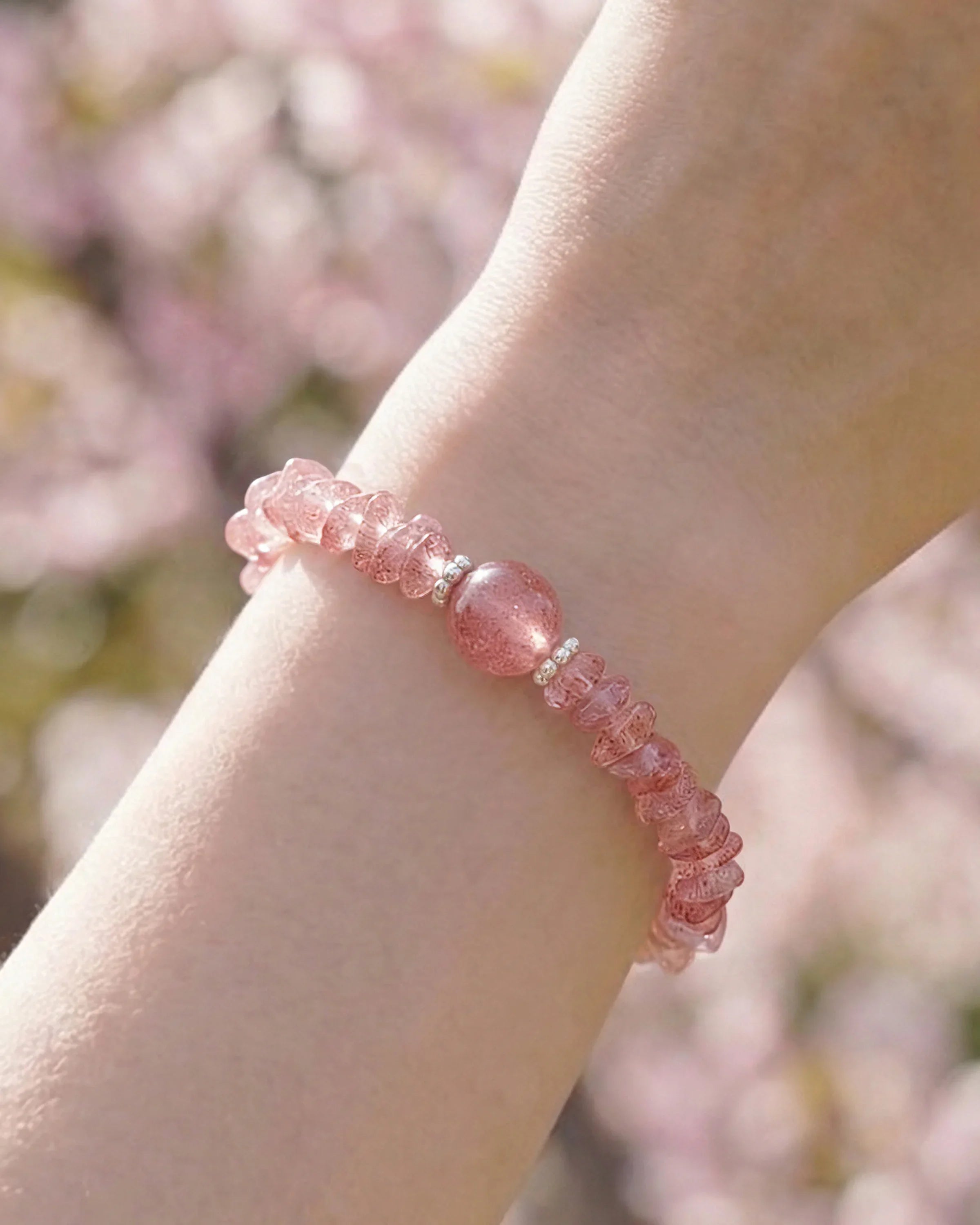 Close-up of Strawberry Quartz Gold Freeform Chips Focal Bracelet on wrist