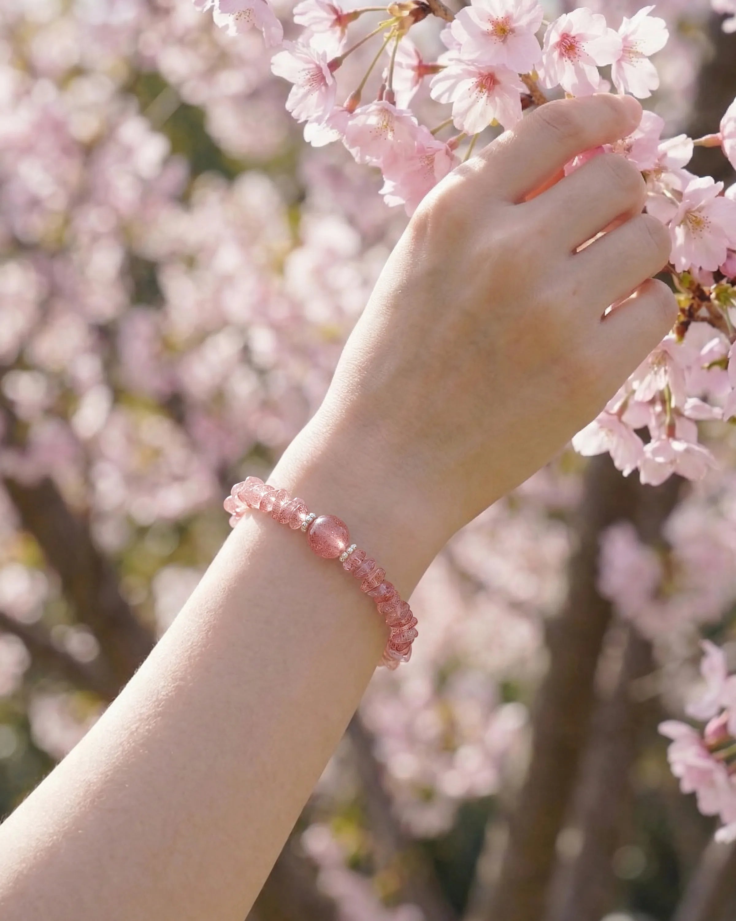 Model wearing Strawberry Quartz Gold Freeform Chips Focal Bracelet