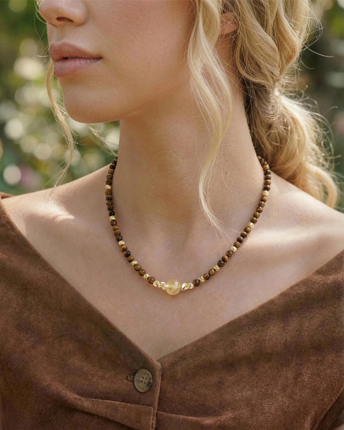 Tiger's Eye Citrine Gold Beaded Focal Necklace