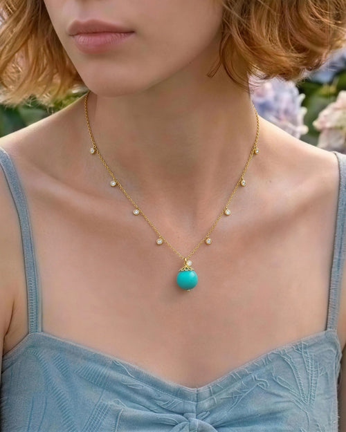 Model Wearing Turquoise Gold Orbit 10mm Necklace on neck