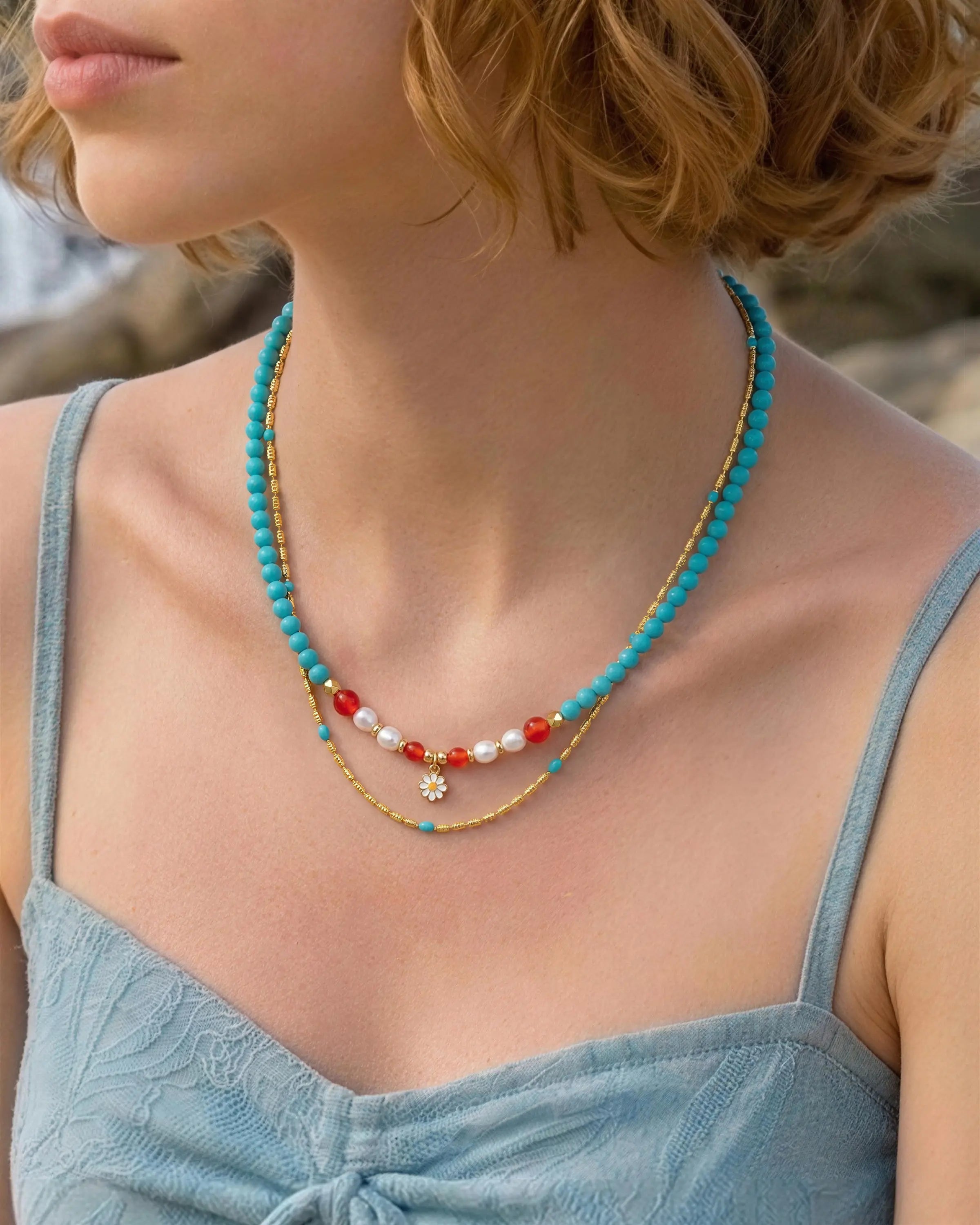 Turquoise Red Agate Gold Necklace Set – Clarity & Vitality