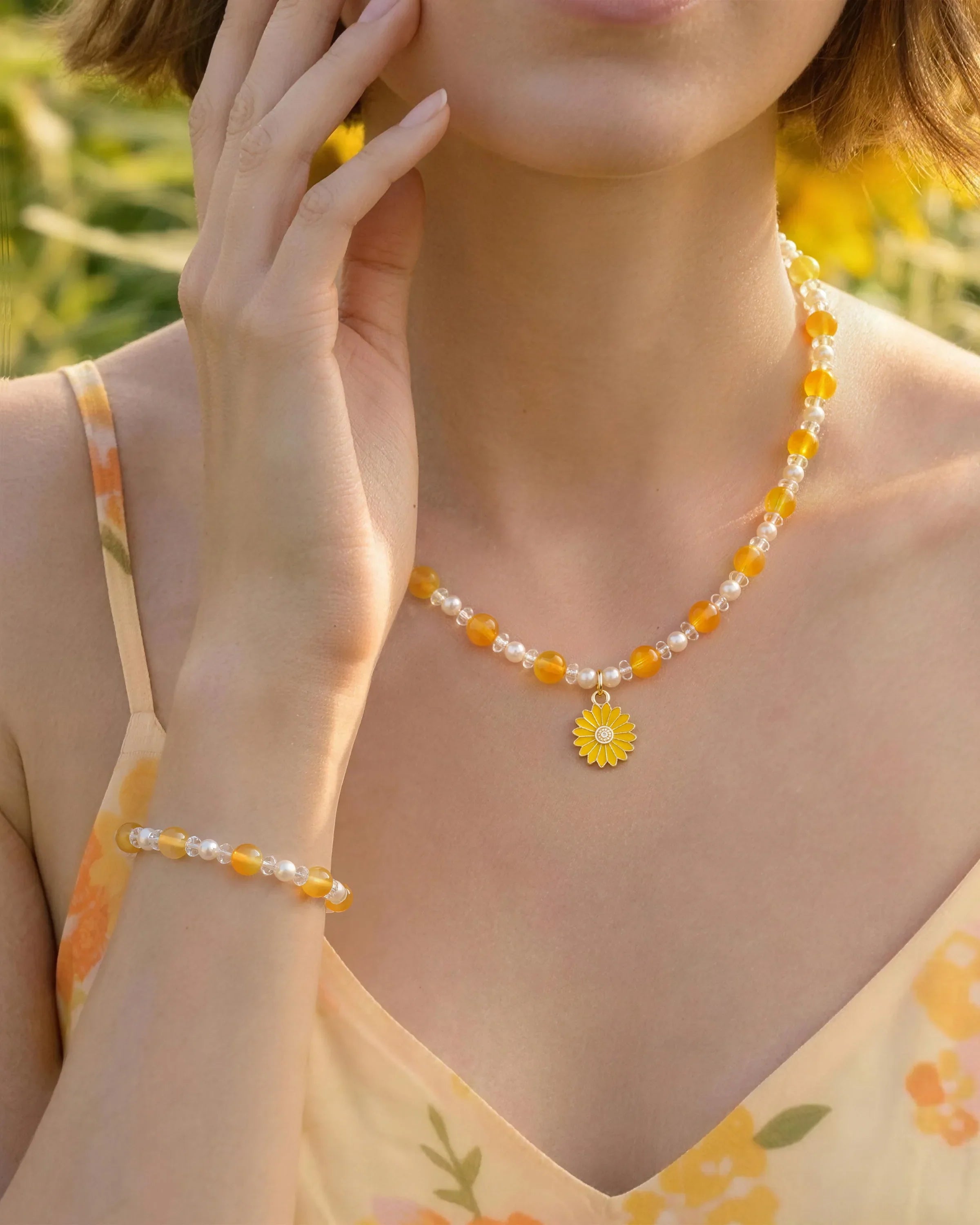 model wearing Yellow Jade Daisy Silver Necklace and Bracelet Set