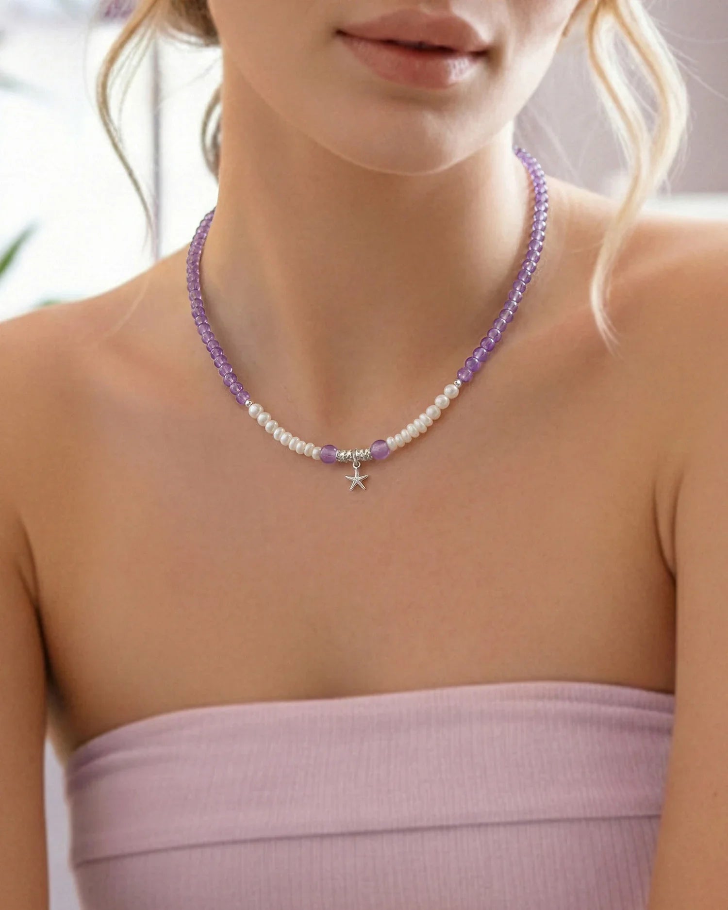 Amethyst Pearl Sterling Silver Beaded Necklace