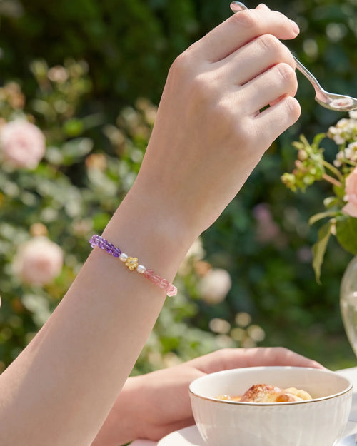 Close-up of Amethyst and Strawberry Quartz Beaded Bracelet
