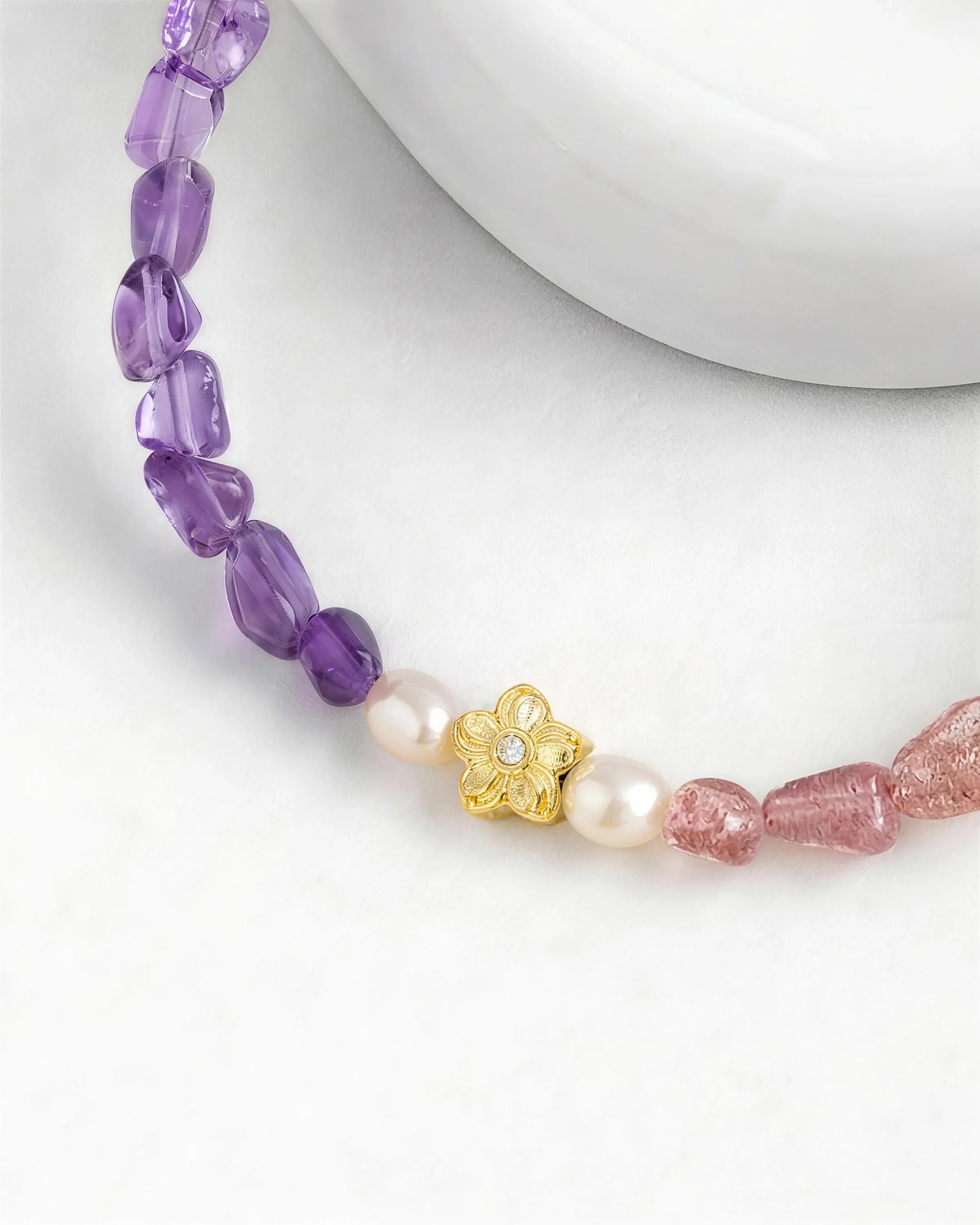 details of amethyst strawberry quartz irregular beaded bracelet