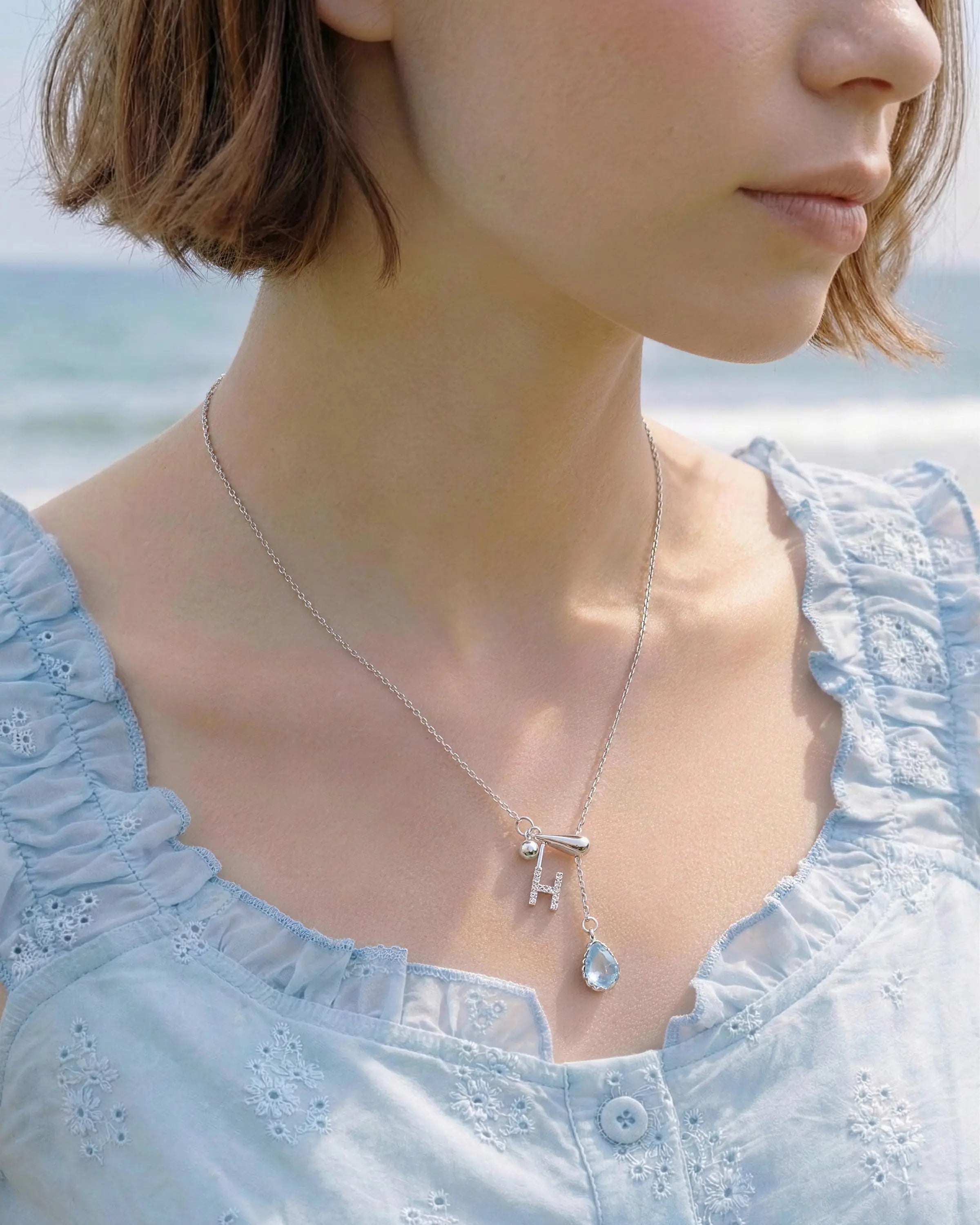 aquamarine pendant necklace worn by model