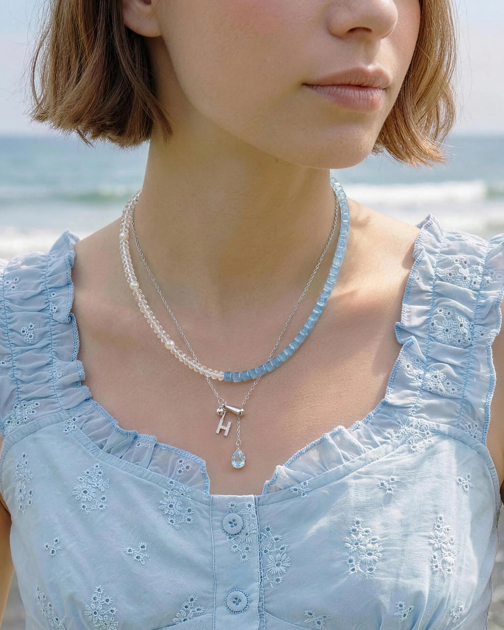 aquamarine jewelry set on model
