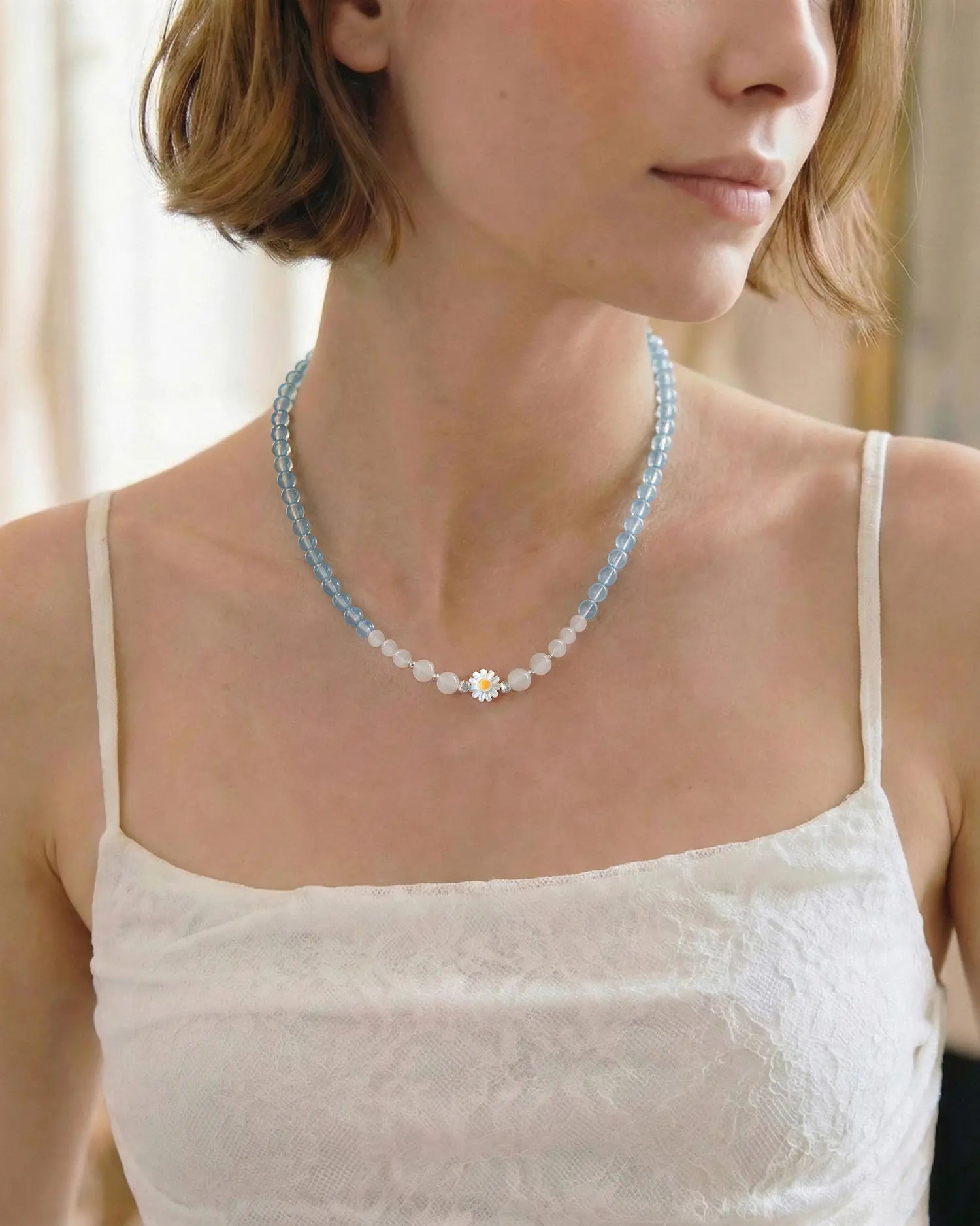 Aquamarine Moonstone 14K Gold Plated Beaded Necklace with daisy
