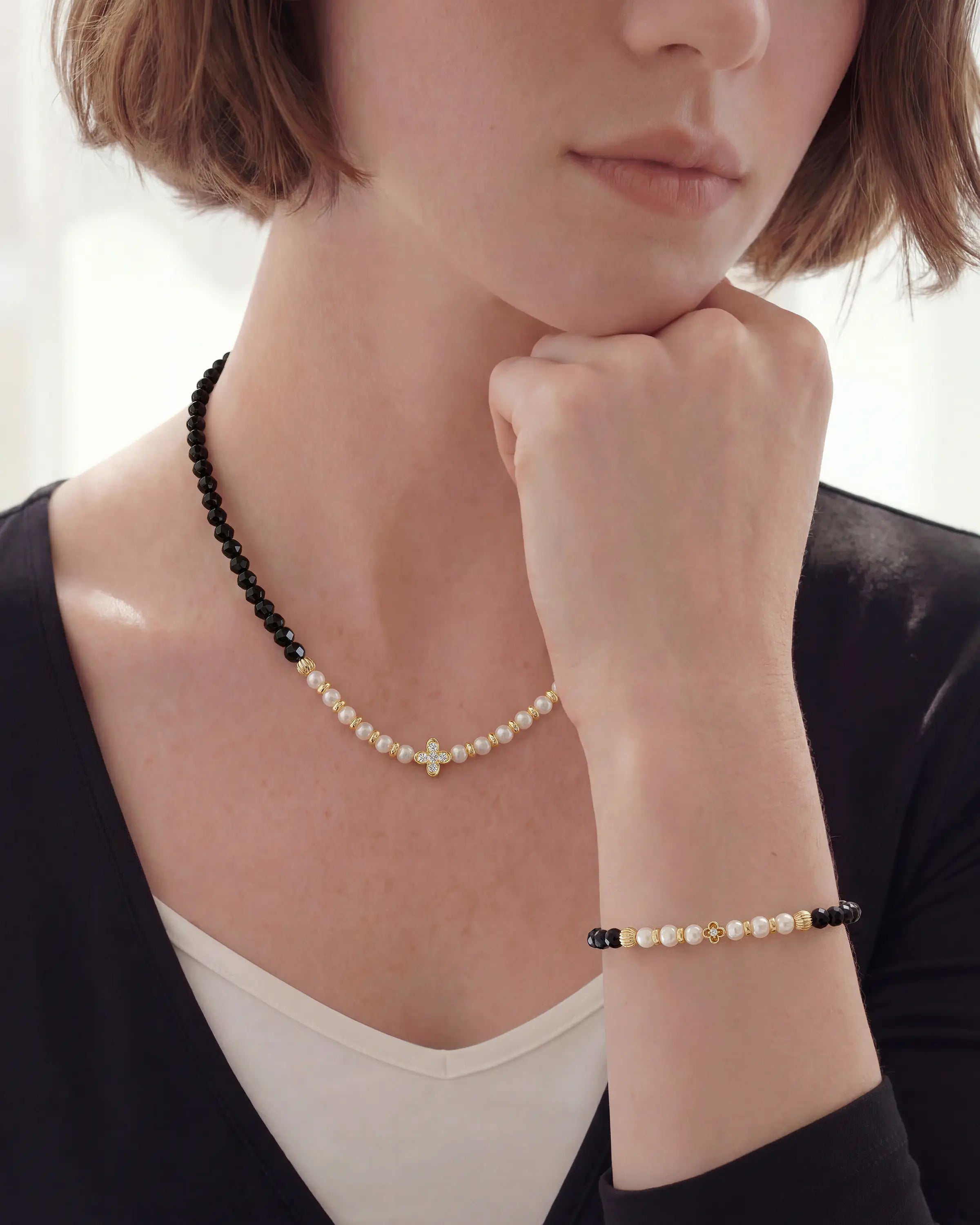 Black Tourmaline Pearl Gold Necklace & Bracelet Set – Protection & Elegance