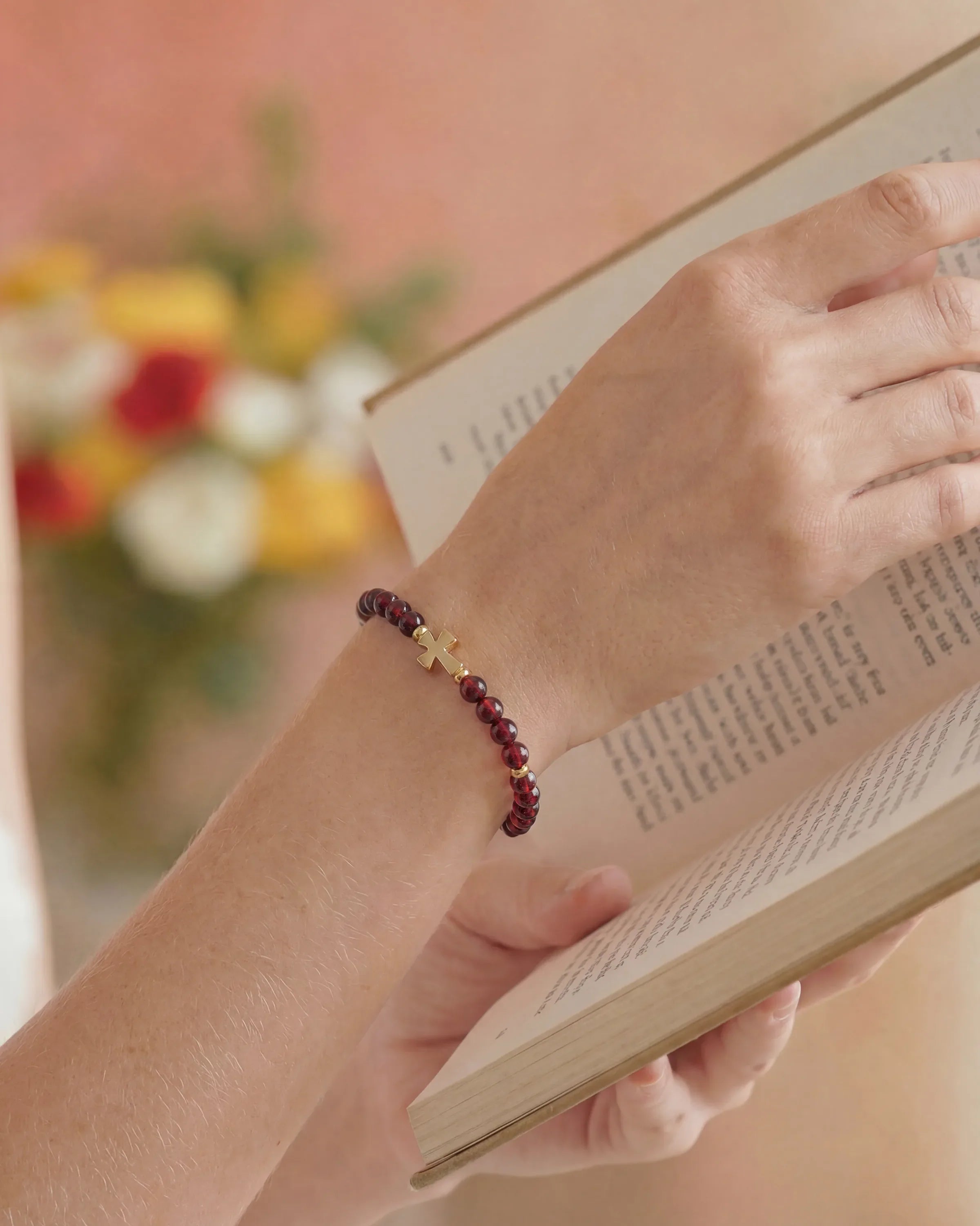 garnet beaded bracelet on the model