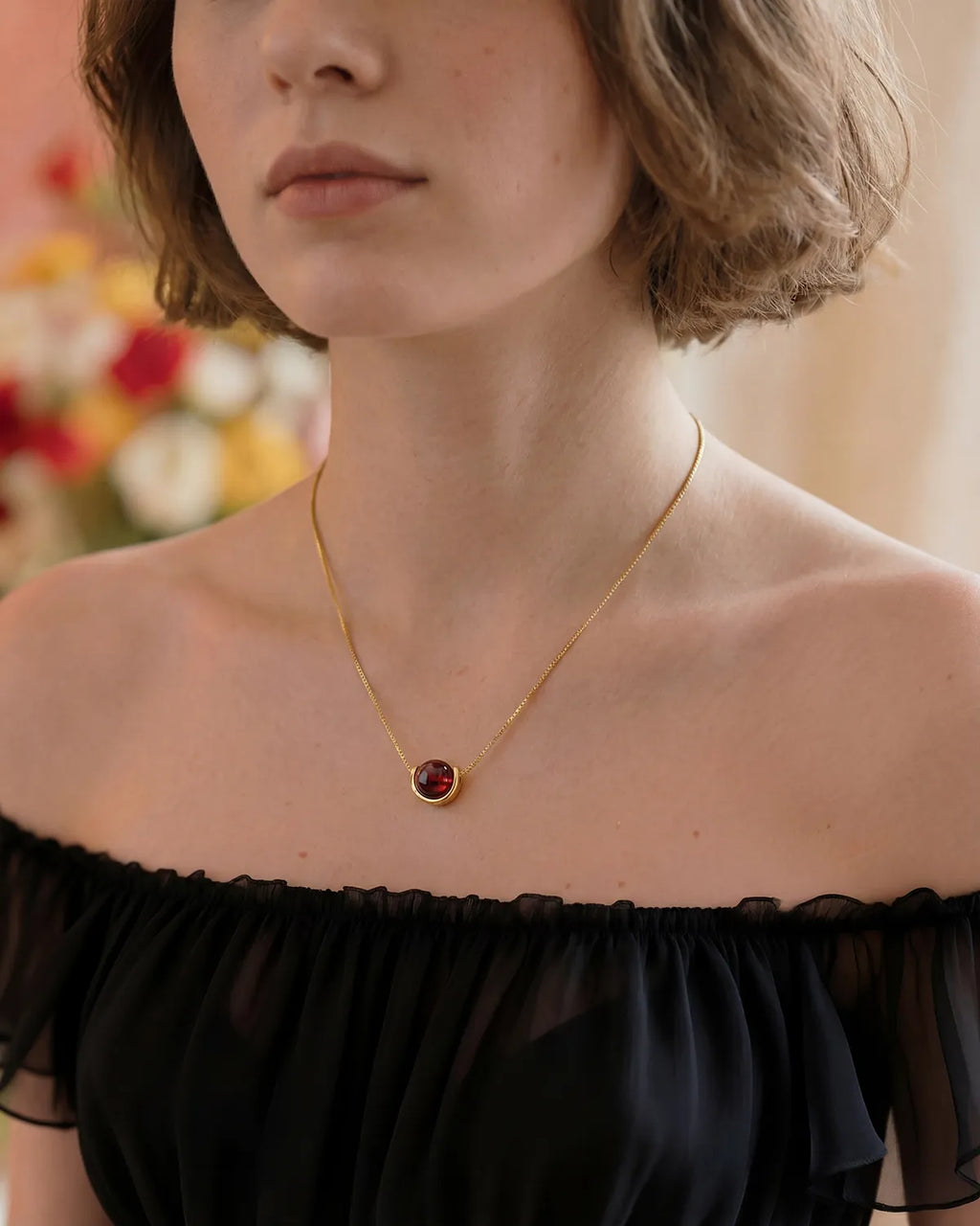Garnet U-Shape Gold Plated Sterling Silver Necklace