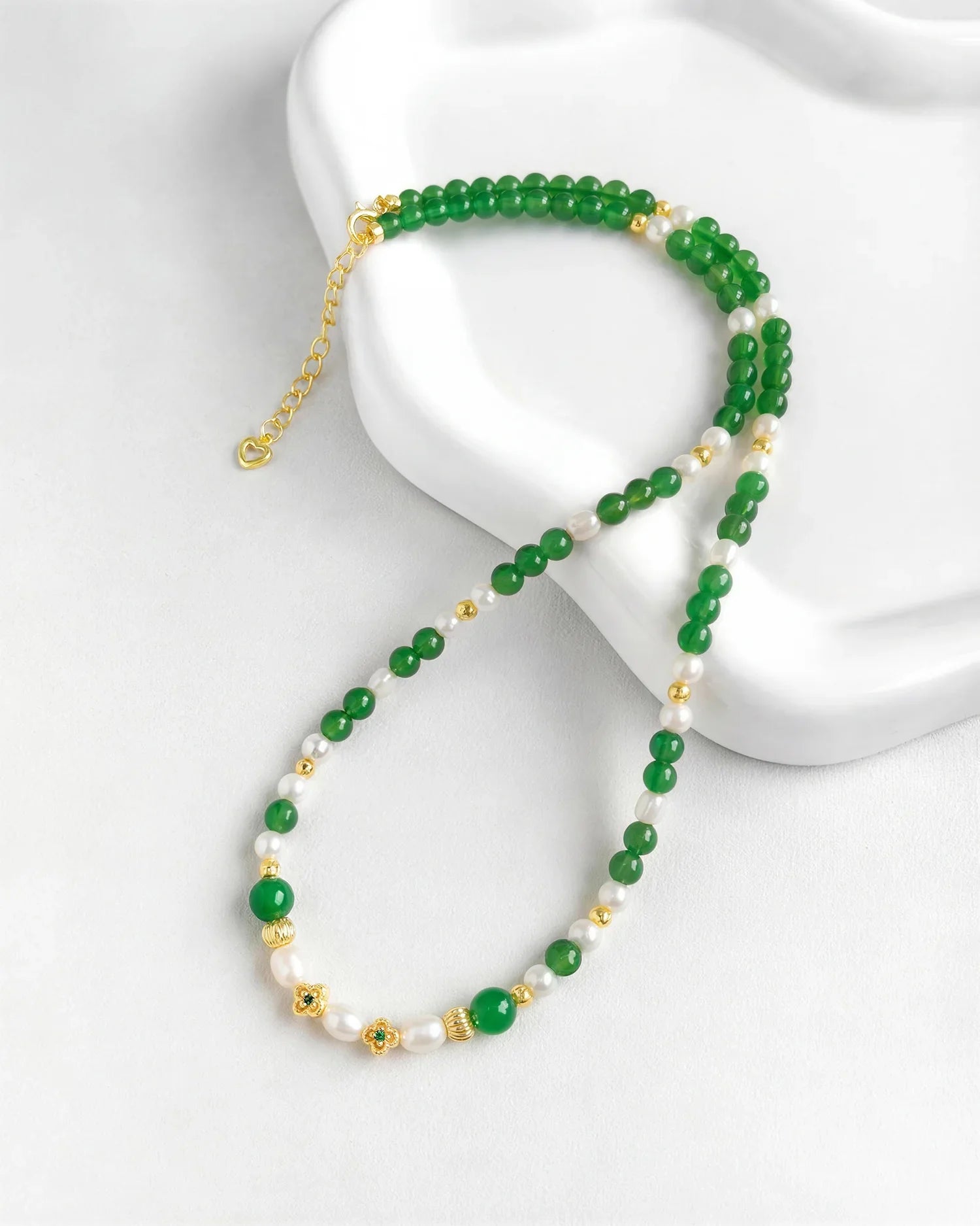 Green Agate Pearl Gold Necklace & Bracelet Set – Balance & Harmony