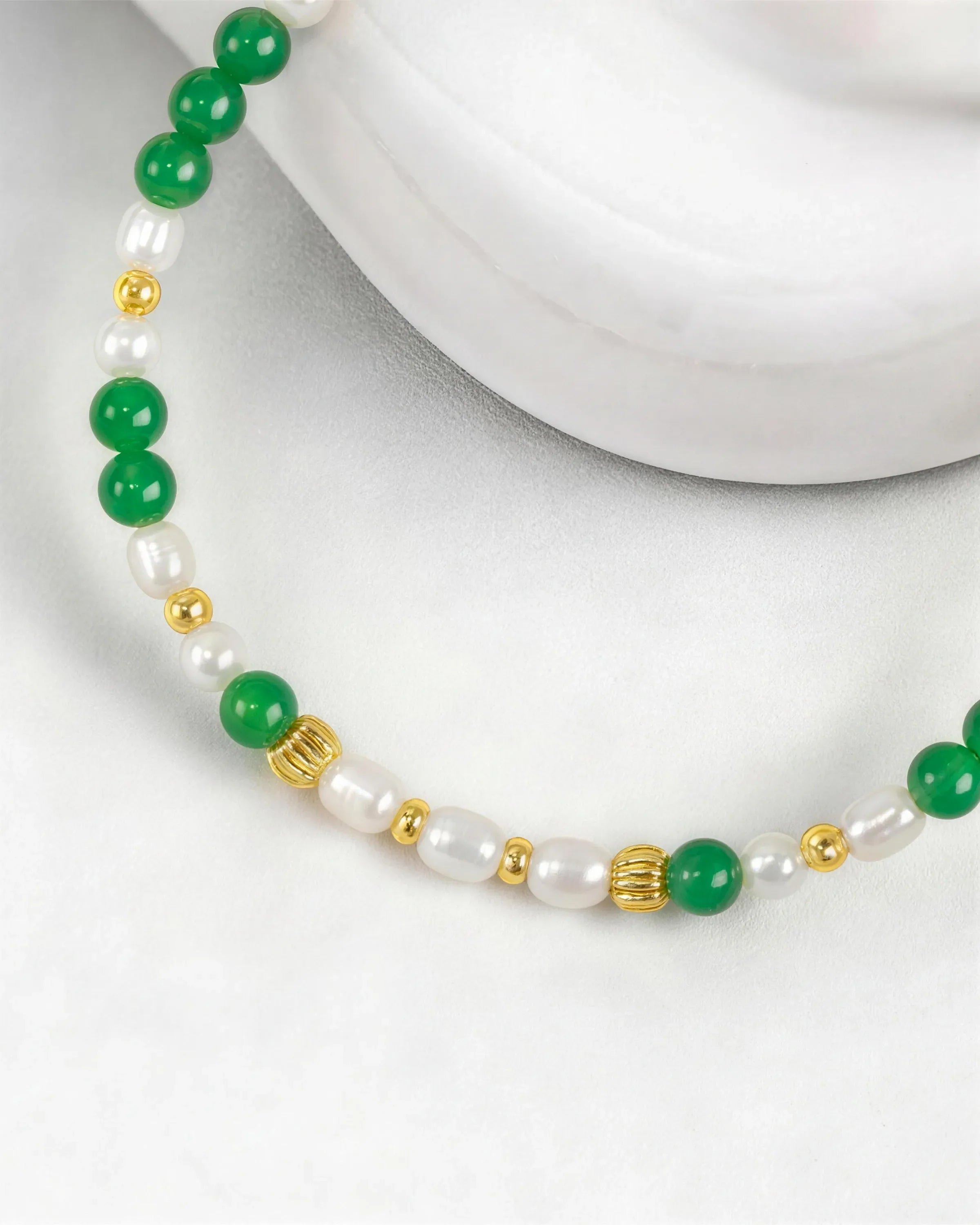 Green Agate Pearl Gold Plated Sterling Silver Bracelet