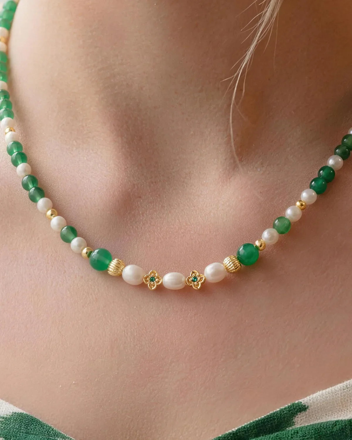 Green Agate Pearl Gold Necklace & Bracelet Set – Balance & Harmony