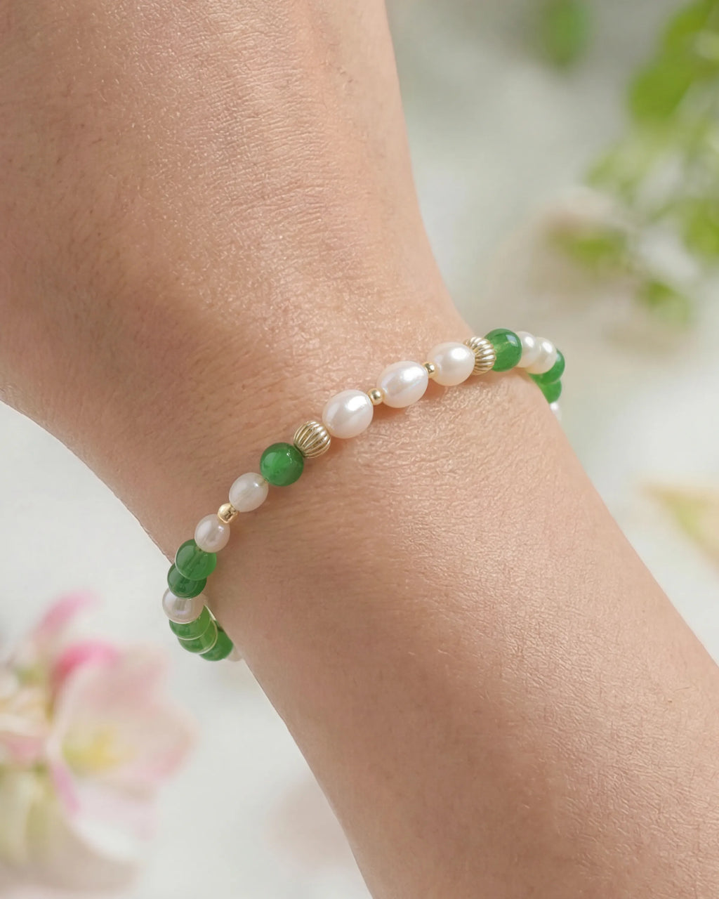 Green Agate Pearl Gold Necklace & Bracelet Set – Balance & Harmony