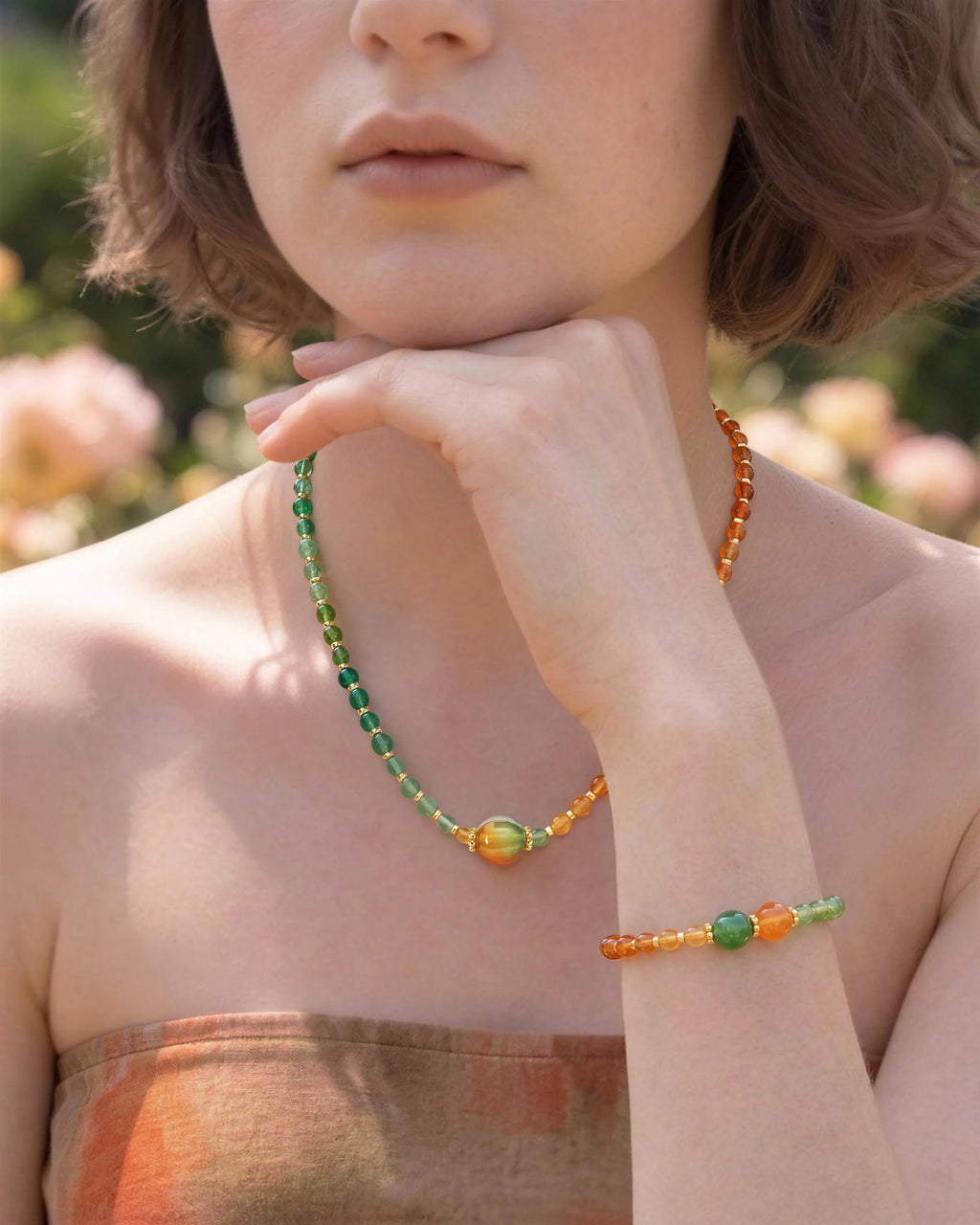 Freeform Green & Orange Agate Gold Necklace & Bracelet Set – Balance & Vitality