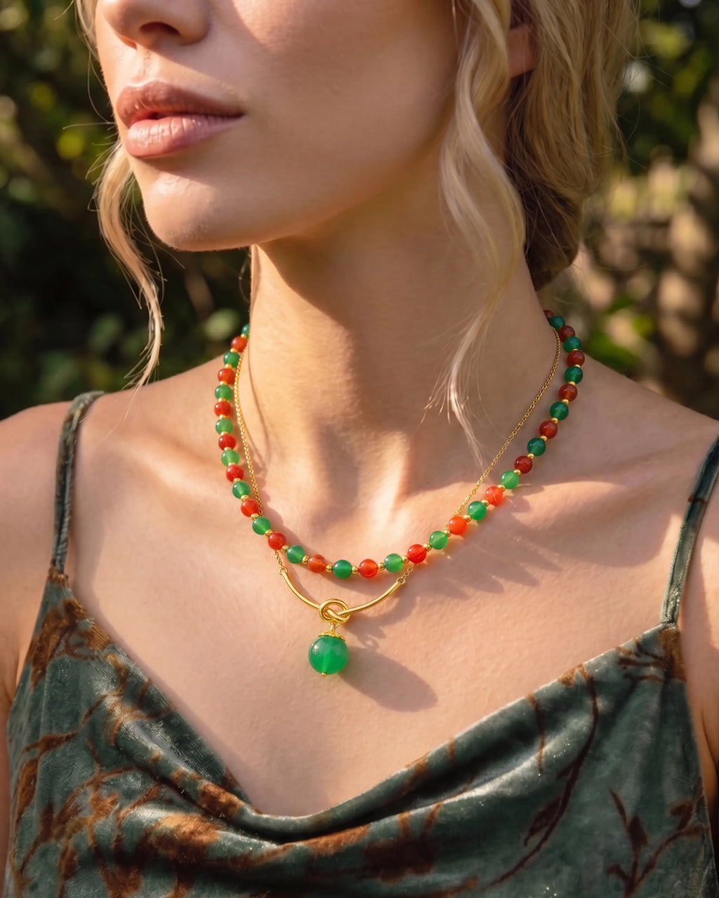 Green & Red Agate Gold Necklace Set – Balance & Vitality