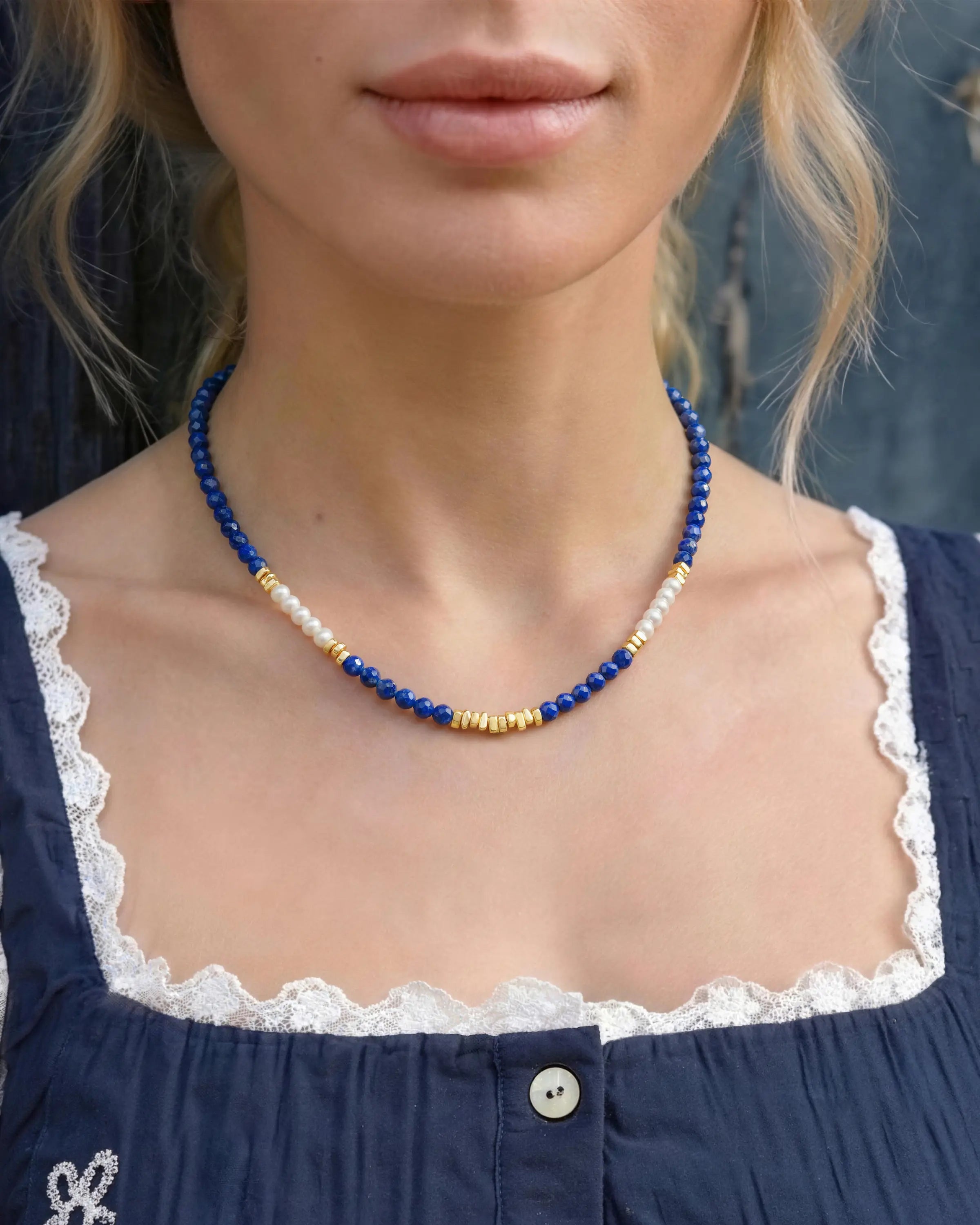 lapis lazuli beaded necklace on the model