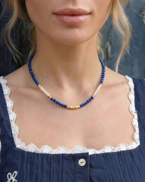 lapis lazuli beaded necklace on the model