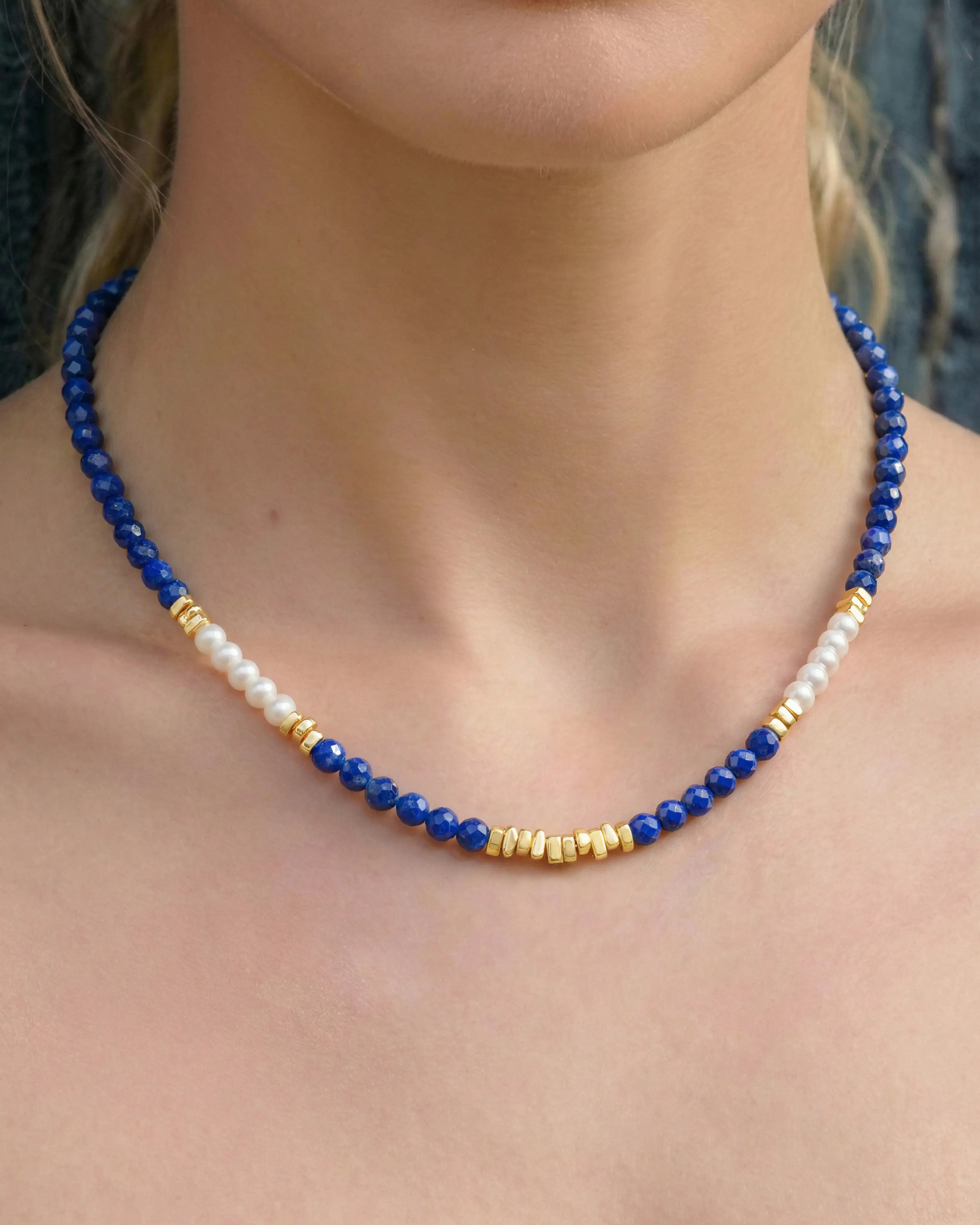 lapis lazuli beaded necklace on model