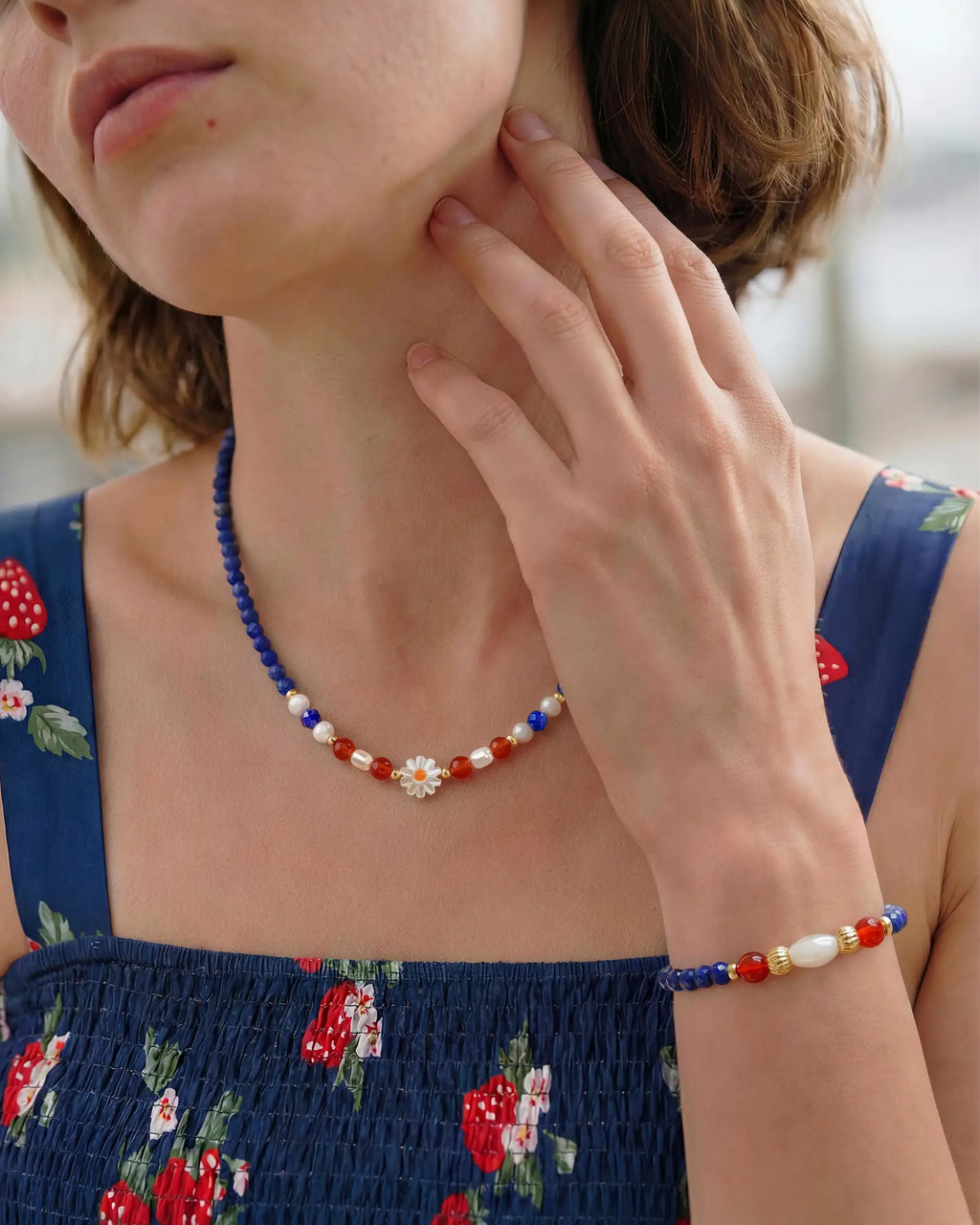 Lapis Lazuli Red Agate Gold Necklace & Bracelet Set – Wisdom & Courage