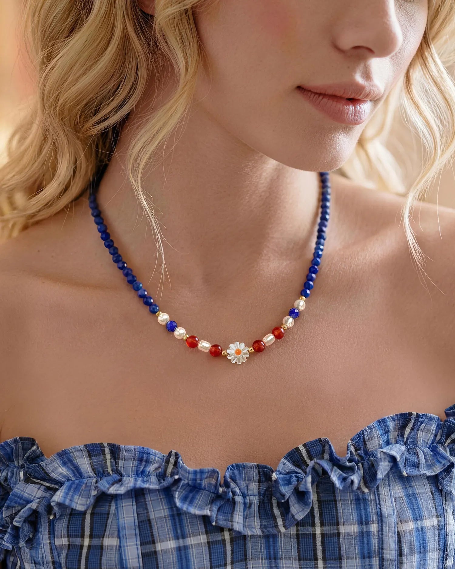4mm Lapis Lazuli Beaded Necklace with Carnelian and Pearl