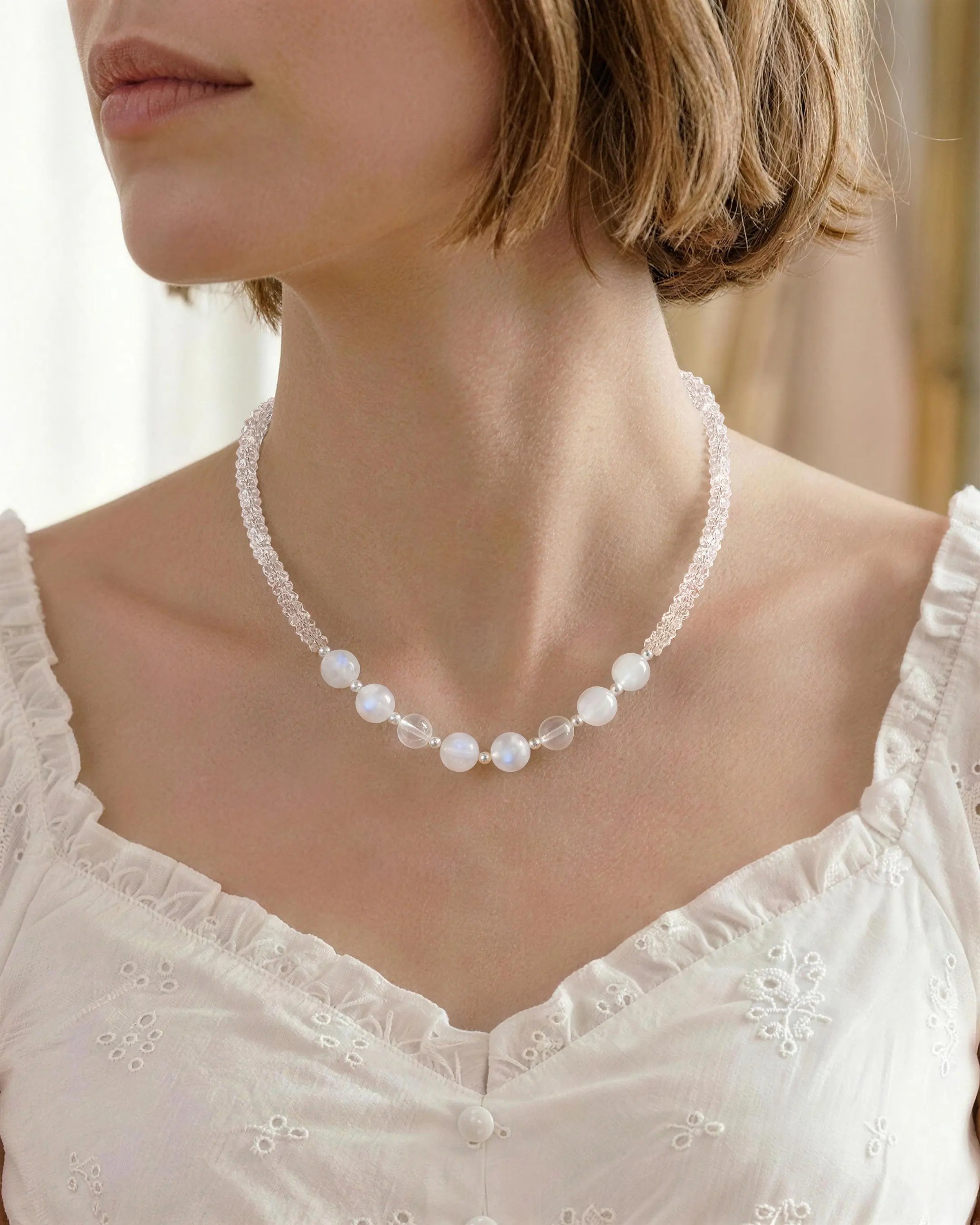 moonstone beaded necklace on model