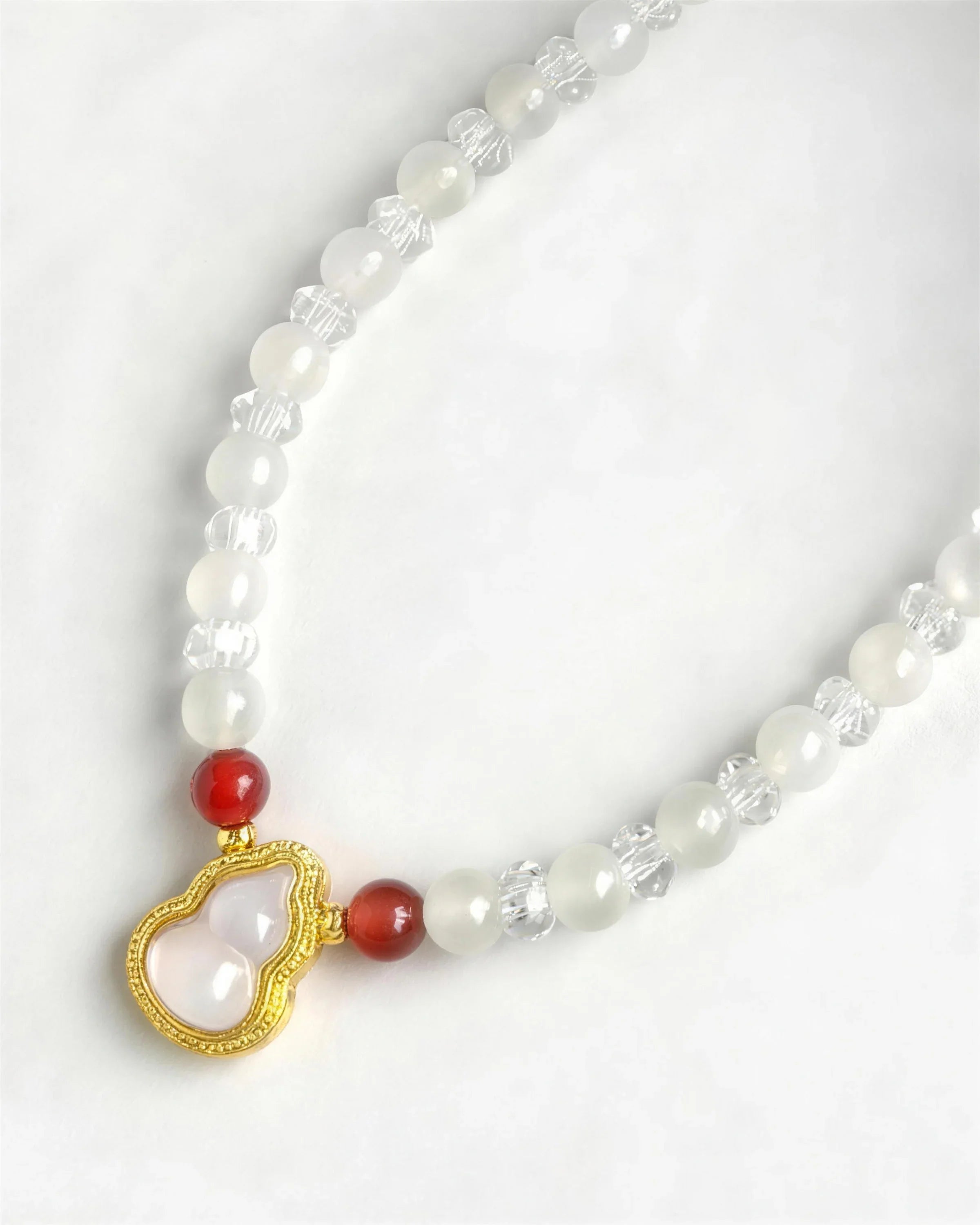 4mm Moonstone Beaded Necklace with Jade Gourd Pendant
