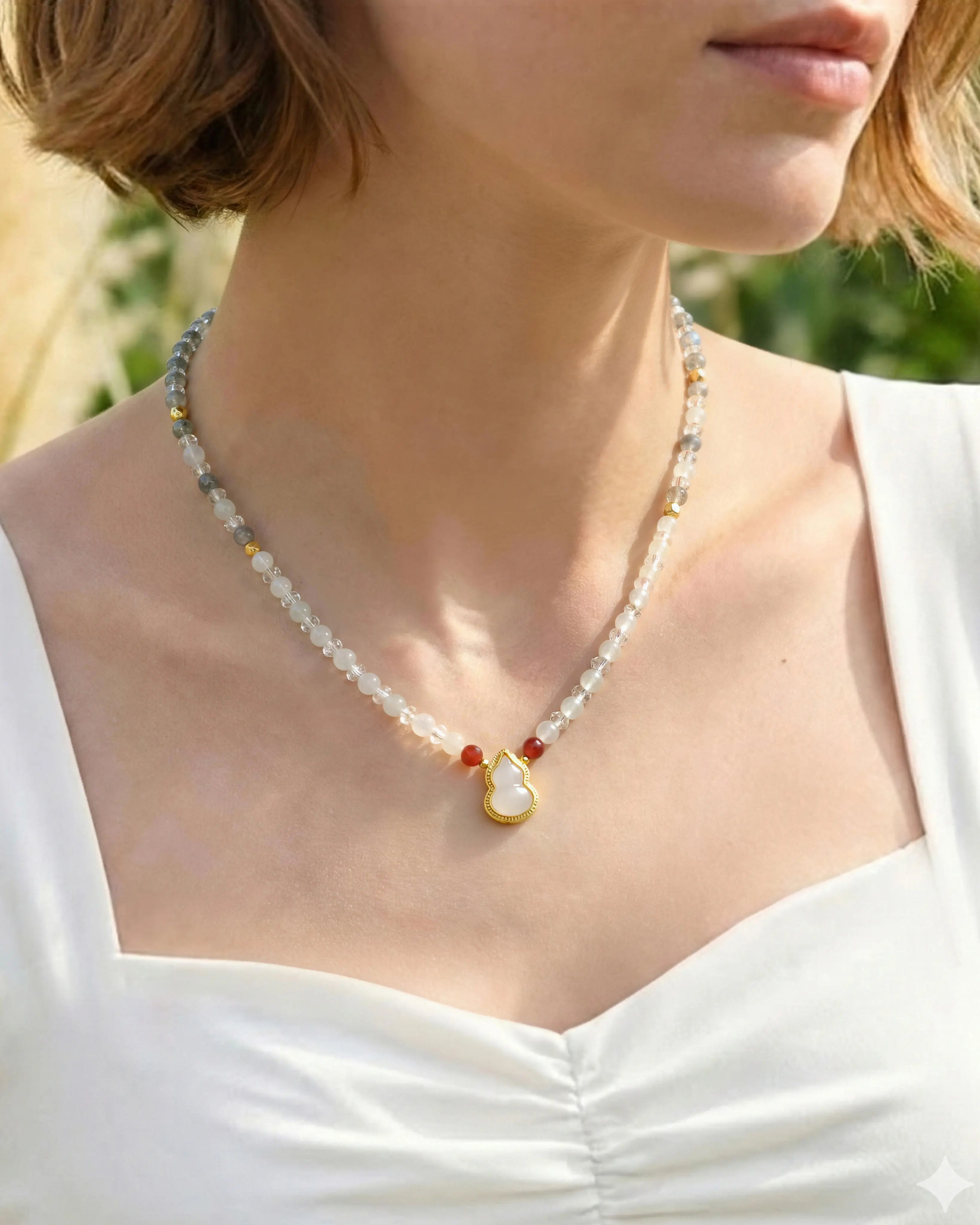 4mm Moonstone Beaded Necklace with Jade Gourd Pendant