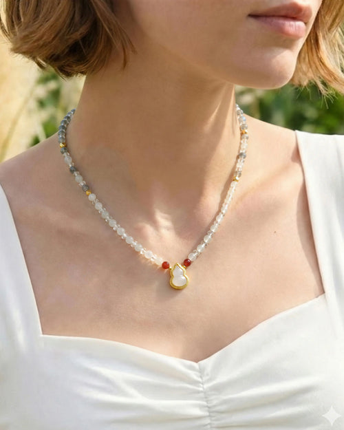 4mm Moonstone Beaded Necklace with Jade Gourd Pendant