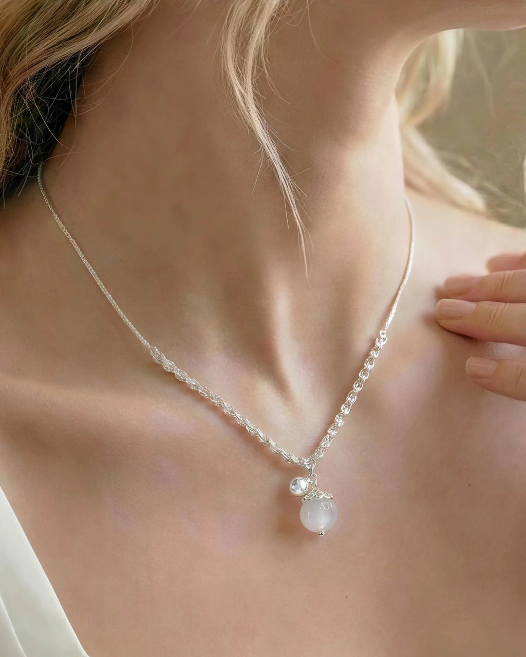 moonstone pendant necklace on model
