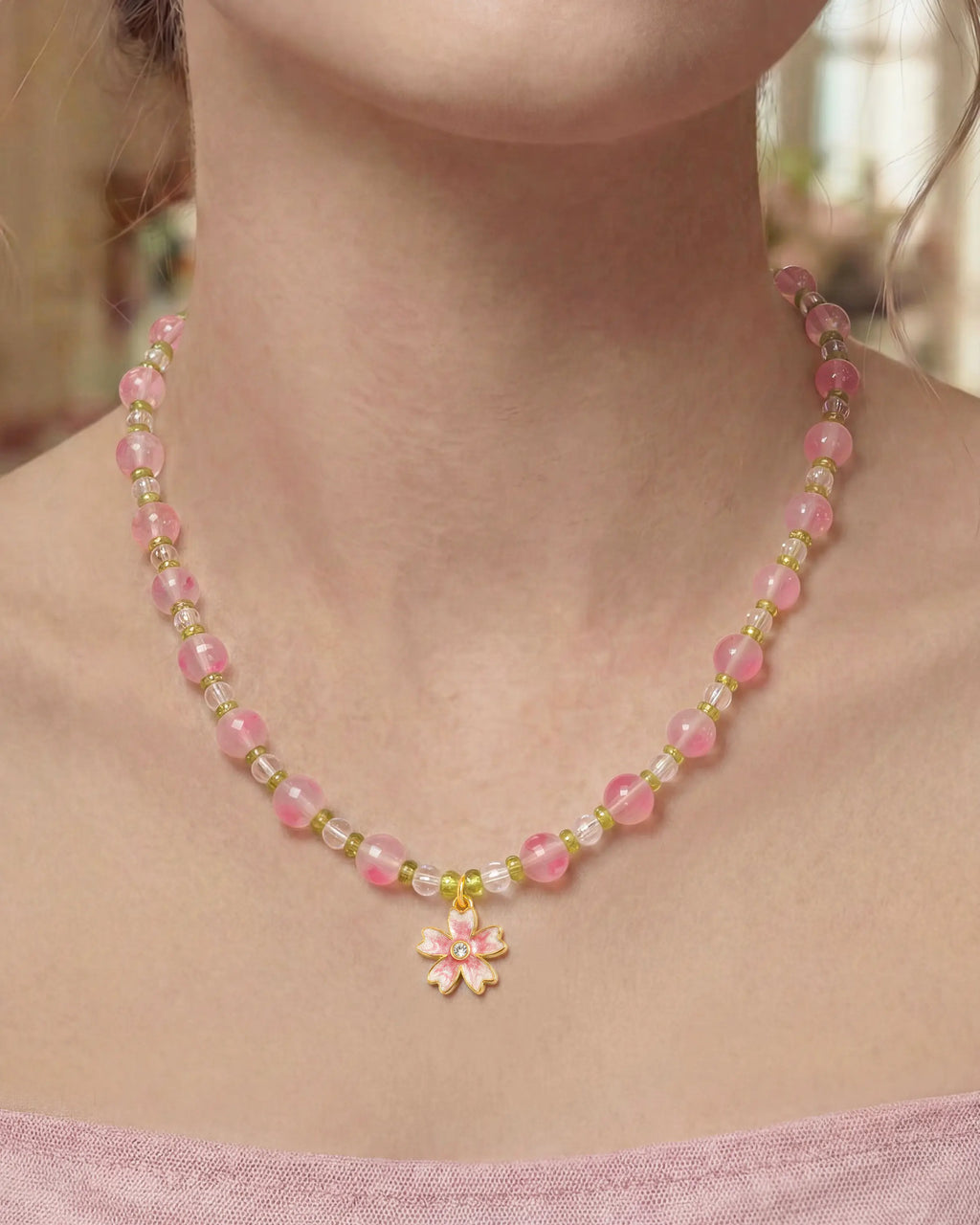 peridot beaded necklace worn by model