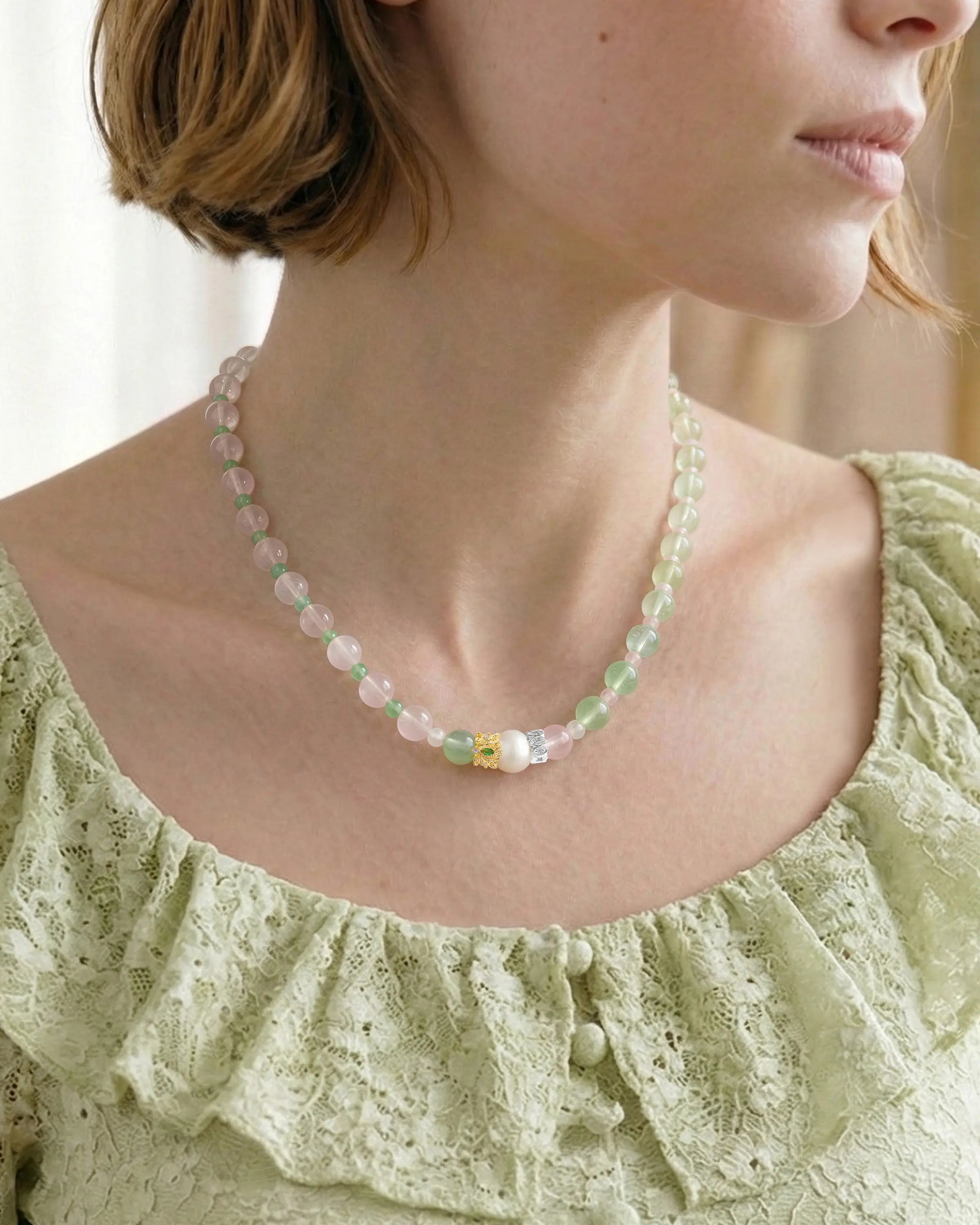 Prehnite and Rose Quartz Beaded Necklace with Pearl