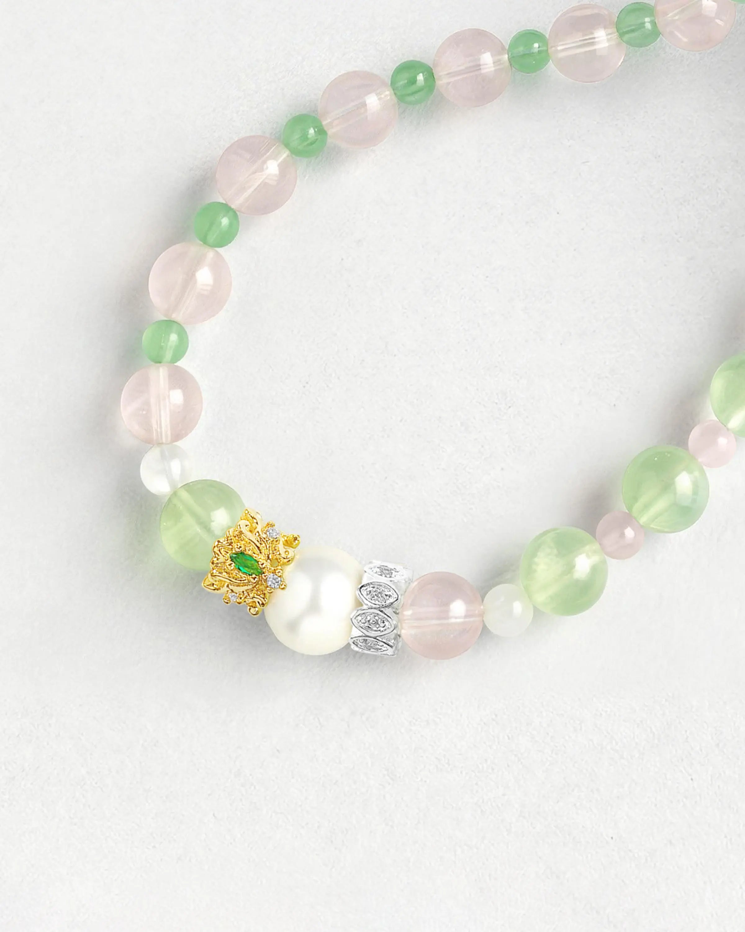 Prehnite and Rose Quartz Beaded Necklace with Pearl