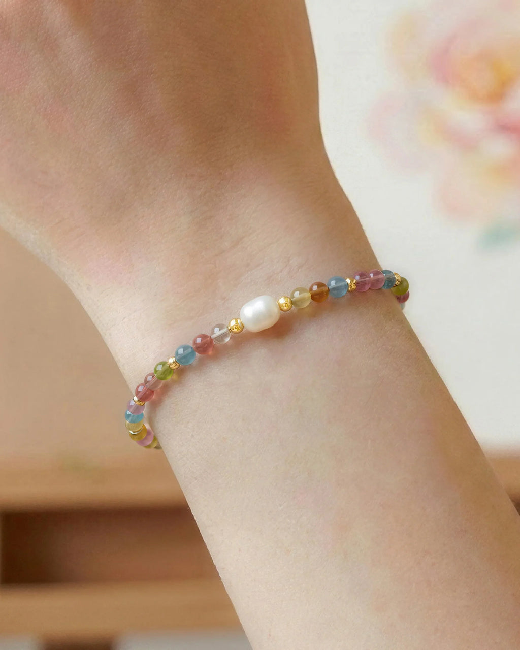 Rainbow Tourmaline Pearl Gold Bracelet – Expression & Freedom