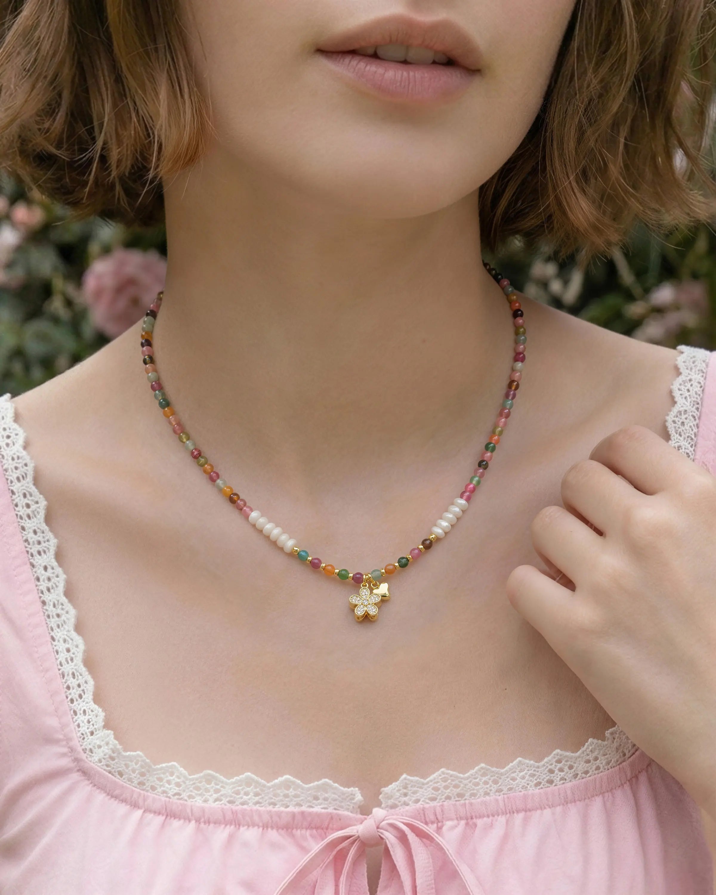3mm Multicolor Tourmaline Beaded Necklace with Pearl