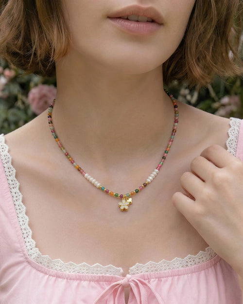 3mm Multicolor Tourmaline Beaded Necklace with Pearl