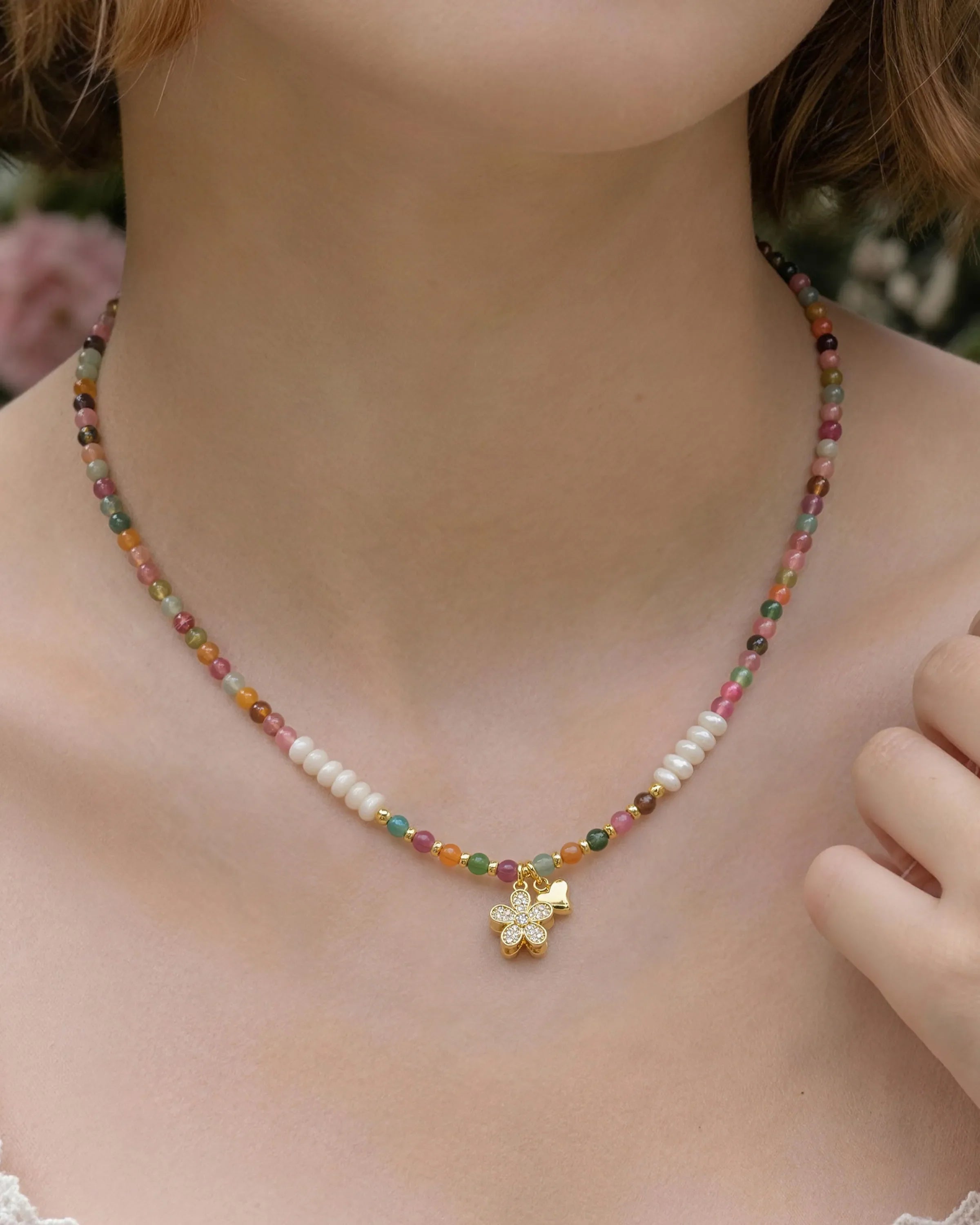 3mm Multicolor Tourmaline Beaded Necklace with Pearl