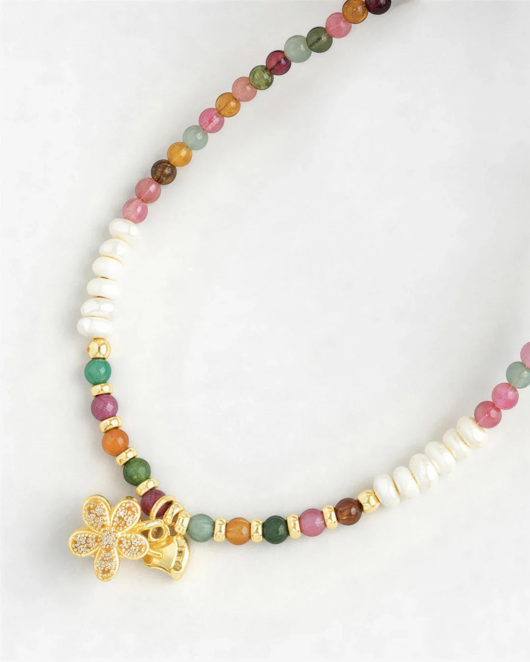 3mm Multicolor Tourmaline Beaded Necklace with Pearl