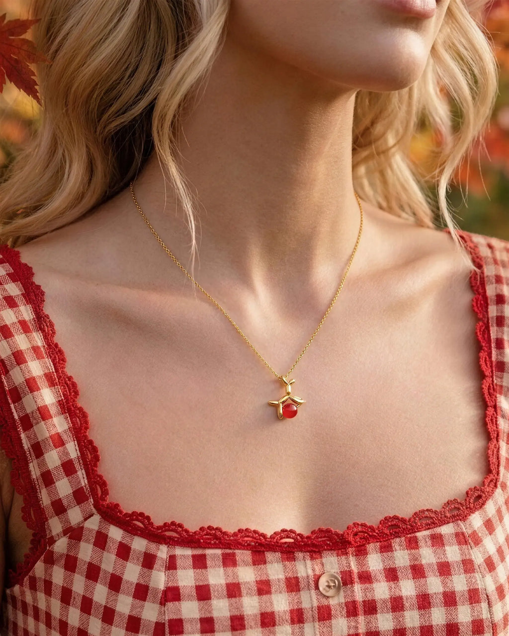 Red Agate Dog Pendant Necklace on model
