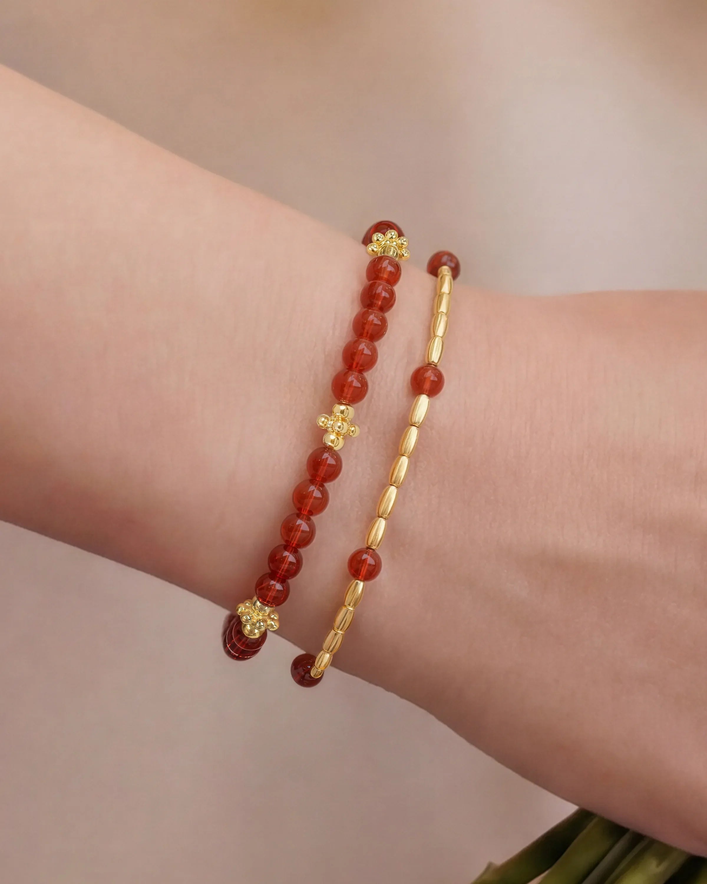 red agate gold floral pre-layered bracelet